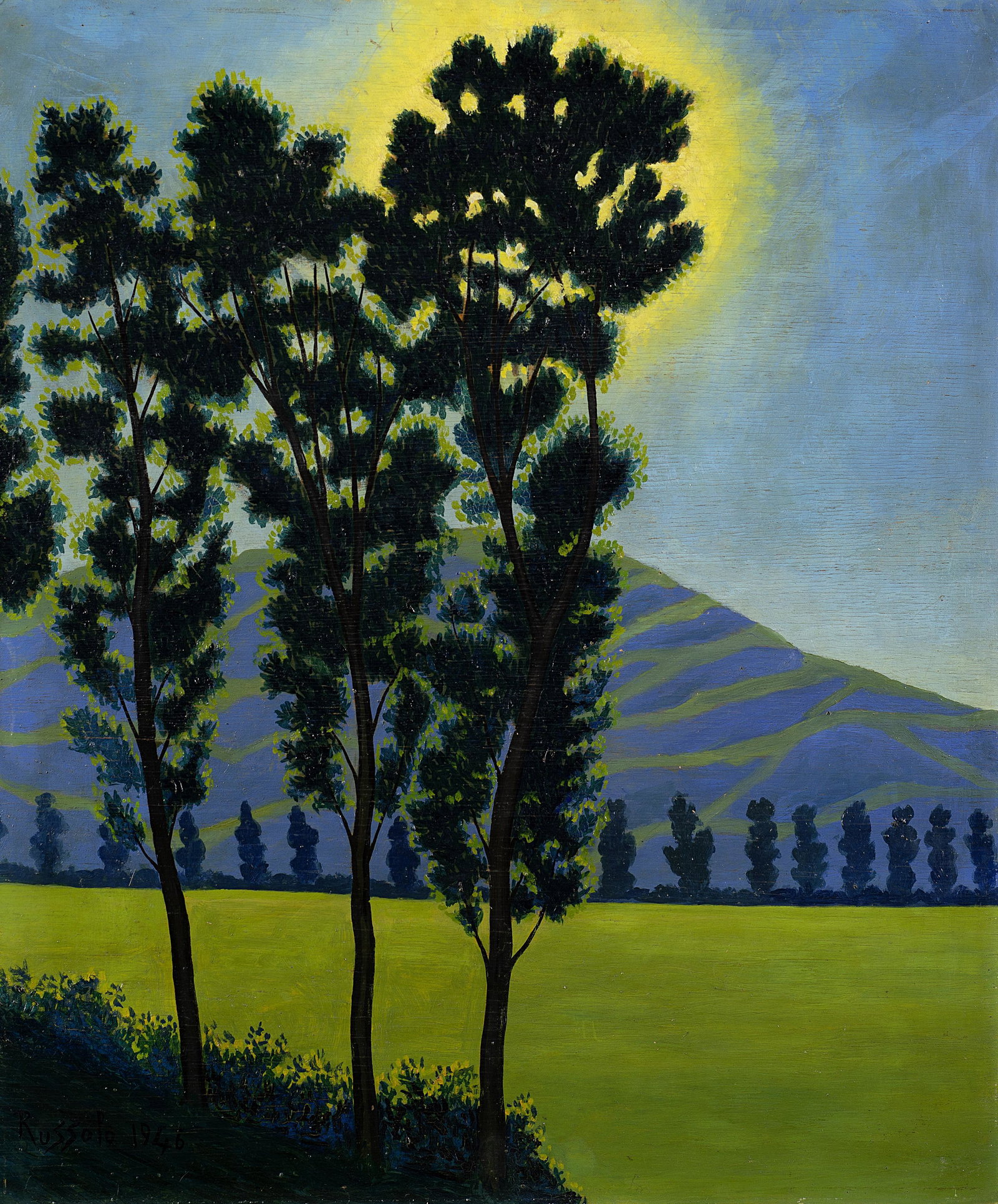 LUIGI RUSSOLO (1885-1947) Il sole nascosto (Painted in: LUIGI RUSSOLO (1885-1947) Il sole nascosto signed and dated 'Russolo 1946' (lower left) oil on board 60 x 50cm (23 5/8 x 19 11/16in). Painted in 1946 Footnotes: The authenticity o