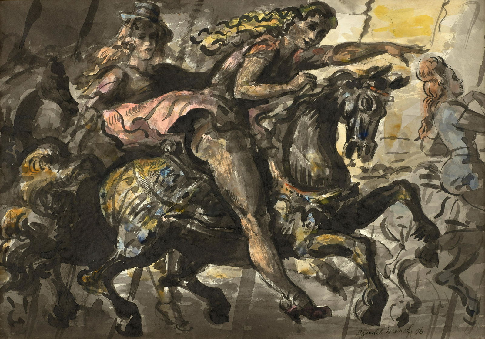 Reginald Marsh (1898-1954) Girls on a Merry-Go-Round: Reginald Marsh (1898-1954) Girls on a Merry-Go-Round and Statue of Liberty: A Double-Sided Work signed and dated 'Reginald Marsh 1946' (lower right, recto) and signed again and dated and inscribed '19