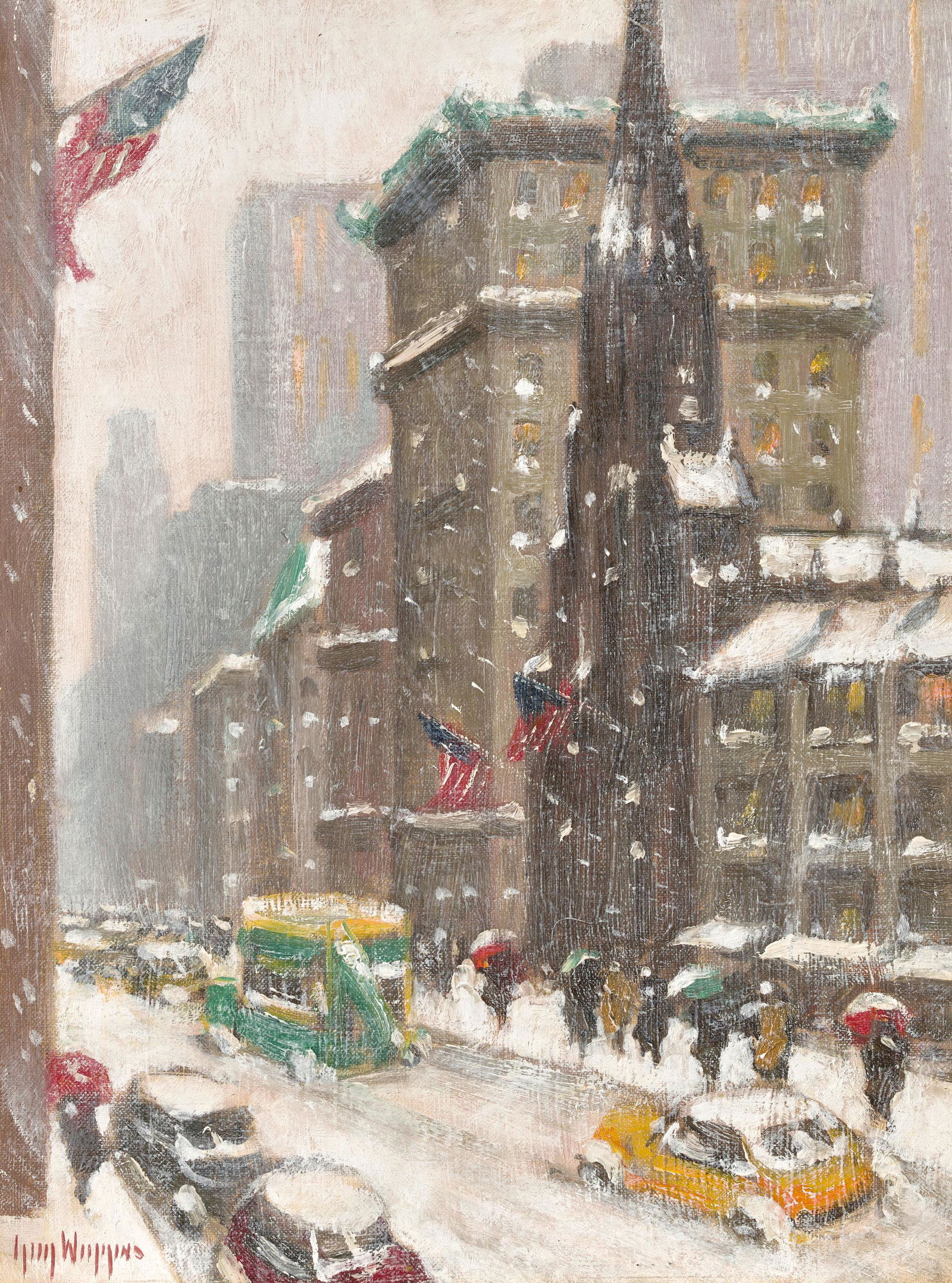 Guy Carleton Wiggins (1883-1962) 5th Avenue at 55th: Guy Carleton Wiggins (1883-1962) 5th Avenue at 55th Street signed 'Guy Wiggins' (lower left) and inscribed with title and signed again (on the reverse) oil on canvasboard 16 x 12 1/8 in. (40.6 x 30.8