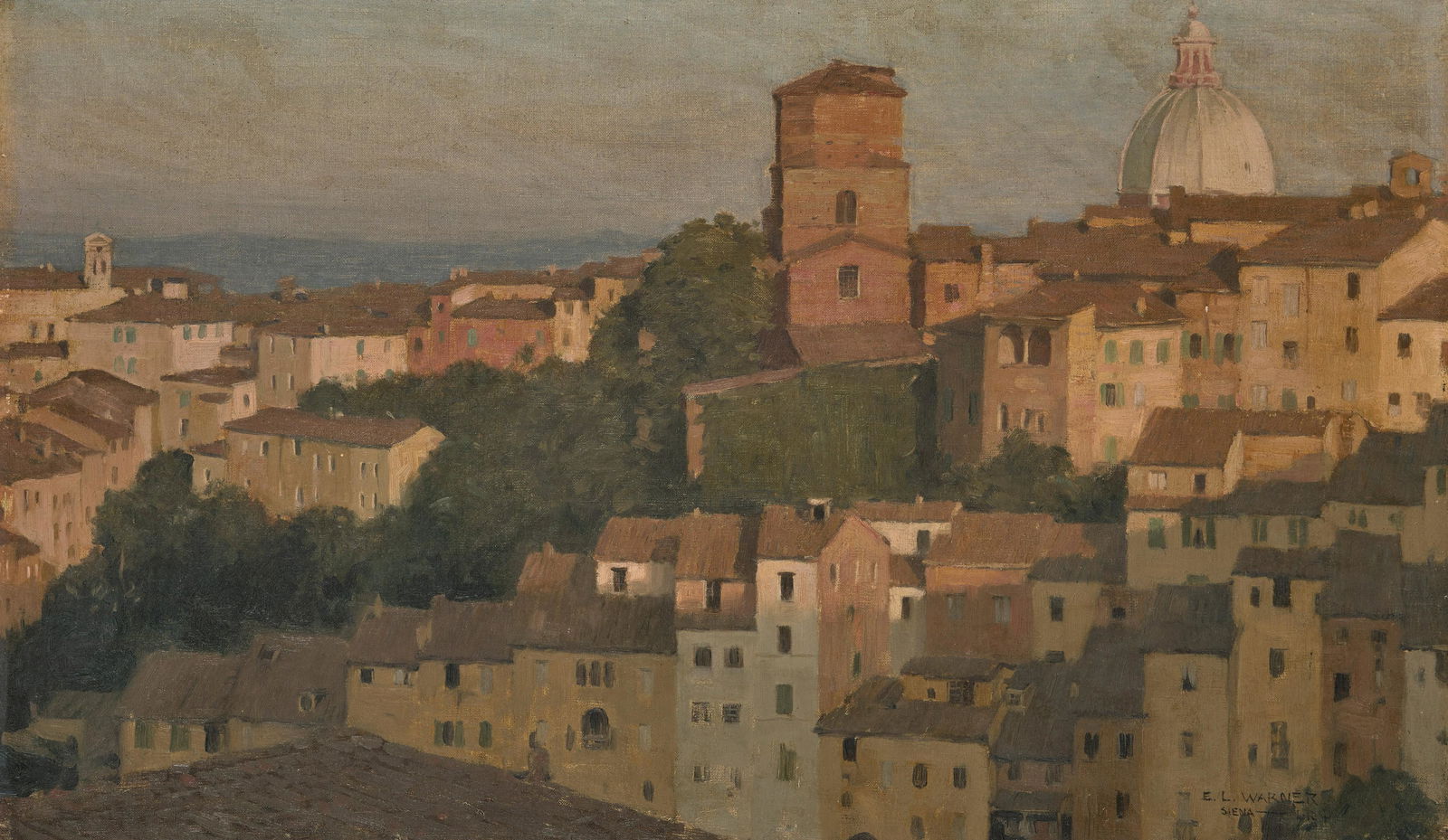 Everett Longley Warner (1877-1963) Siena 13 1/8 x 21: Everett Longley Warner (1877-1963) Siena signed and dated 'E. L. Warner / Siena-1909' (lower right) oil on canvas 13 1/8 x 21 3/4 in. (33.3 x 55.2 cm.) Painted in 1909. Footnotes: Provenance Estat
