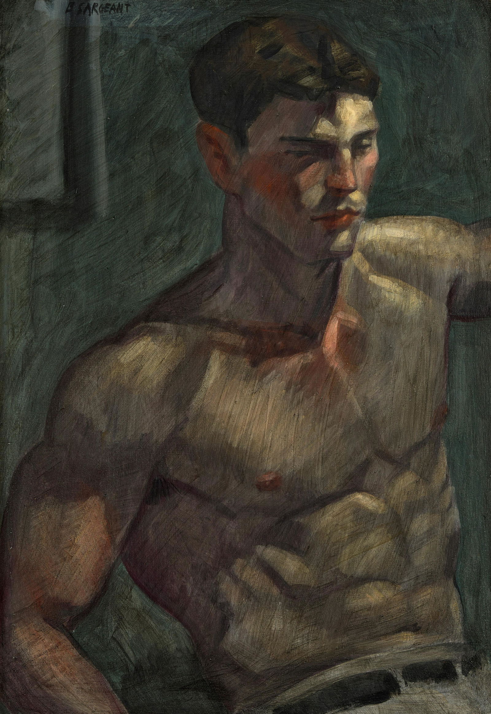 Mark Beard (born 1956) Unidentified Seated Male Torso: Mark Beard (born 1956) Unidentified Seated Male Torso signed with pseudonym 'B Sargent' (upper left) oil on canvas 26 x 18 1/8 in. (66 x 46 cm.) Painted circa 1995. Footnotes: Provenance We