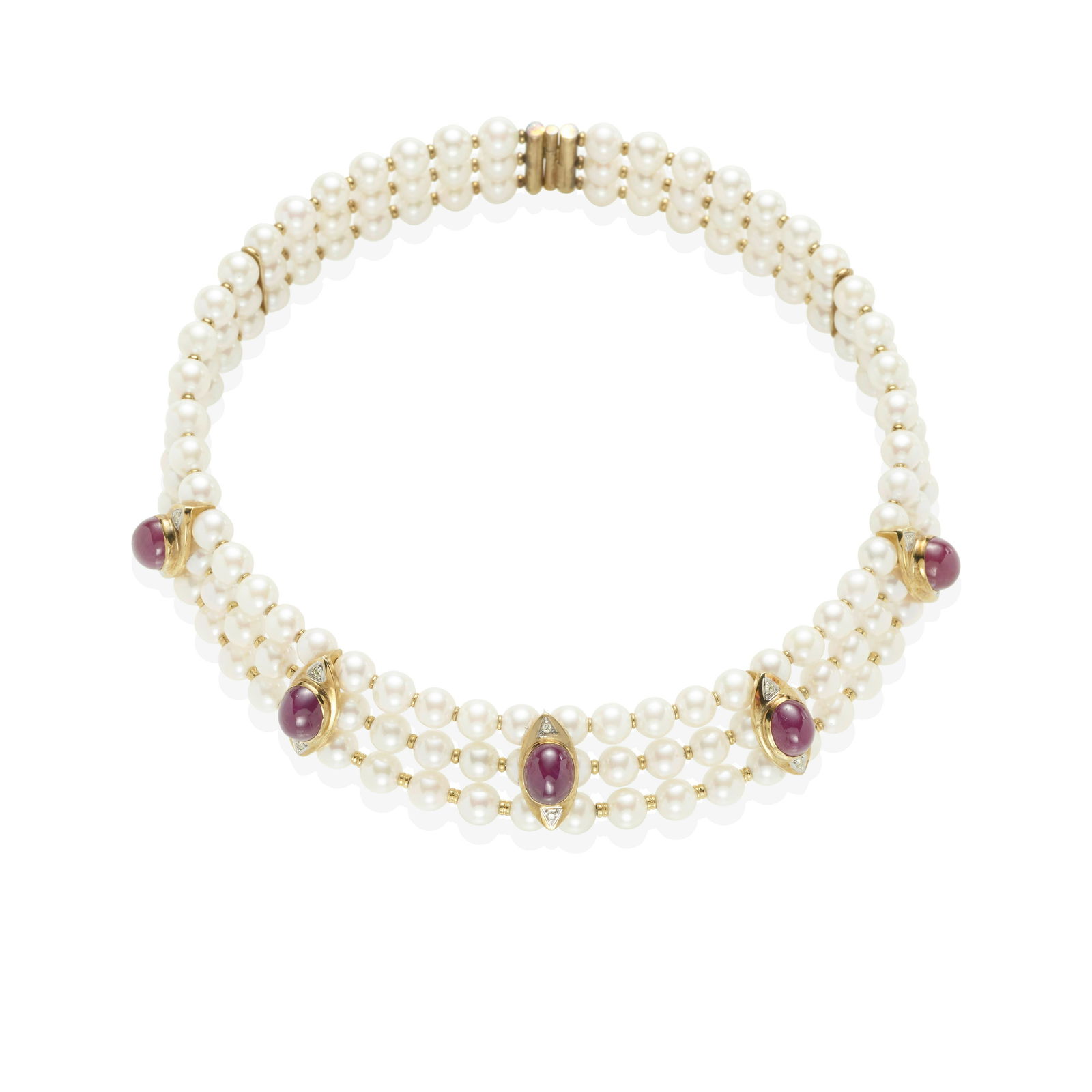 A 14K GOLD, CULTURED PEARL, RUBY AND DIAMOND CHOKER (1 of 3)