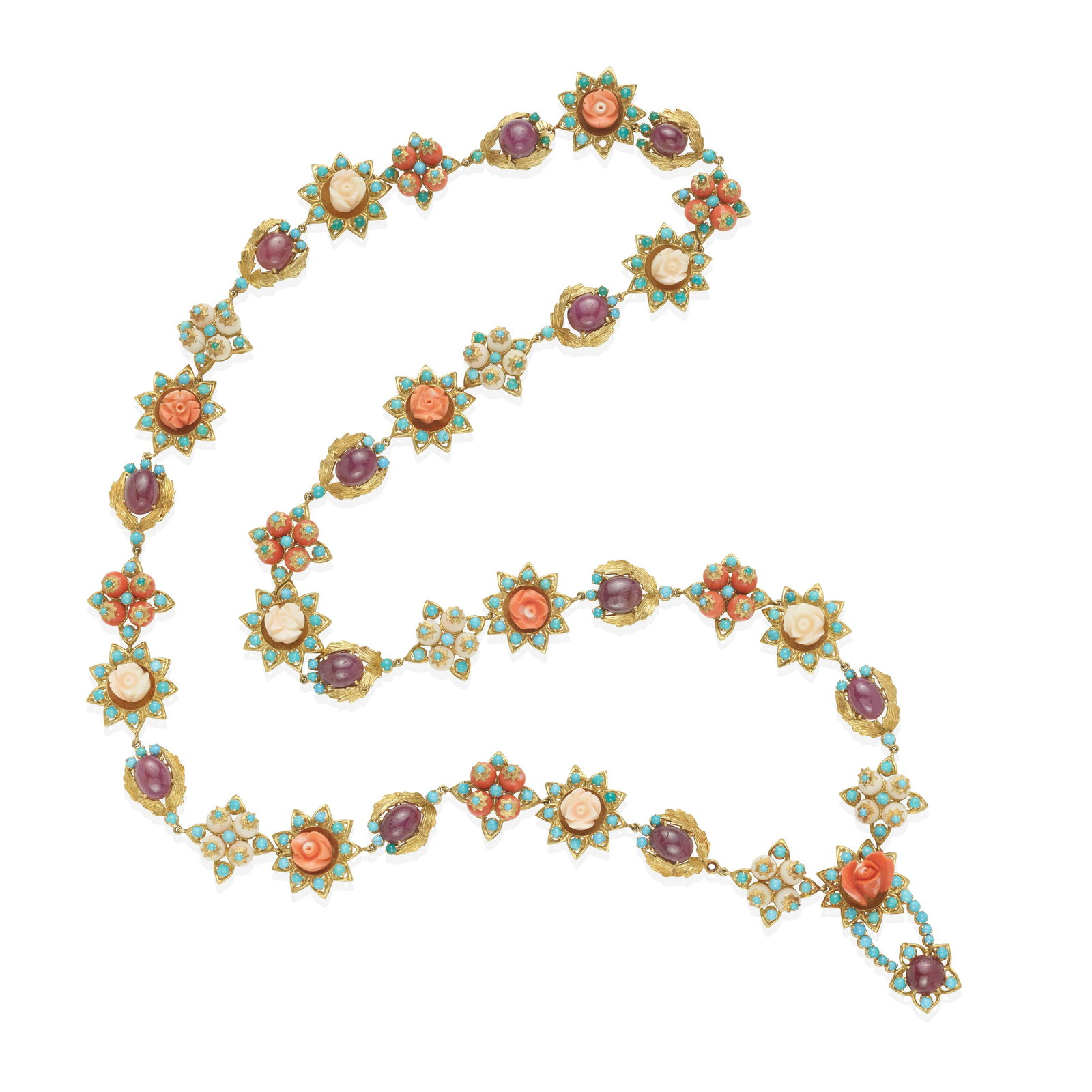 AN 18K GOLD, RUBY, CORAL AND TURQUOISE NECKLACE (1 of 3)