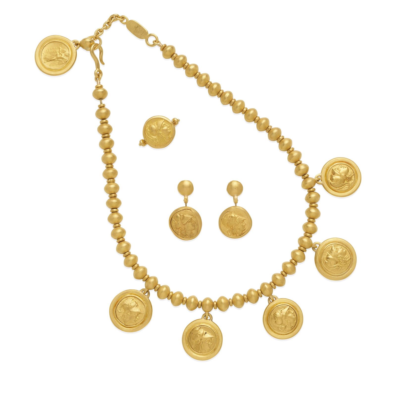MARIO: A SET OF 22K GOLD COIN JEWELRY: MARIO: A SET OF 22K GOLD COIN JEWELRY Including a beaded necklace, earrings, and a ring, all set with ancient Greek coins depicting Alexander The Great, signed Mario, handmade, necklace length 19 in,