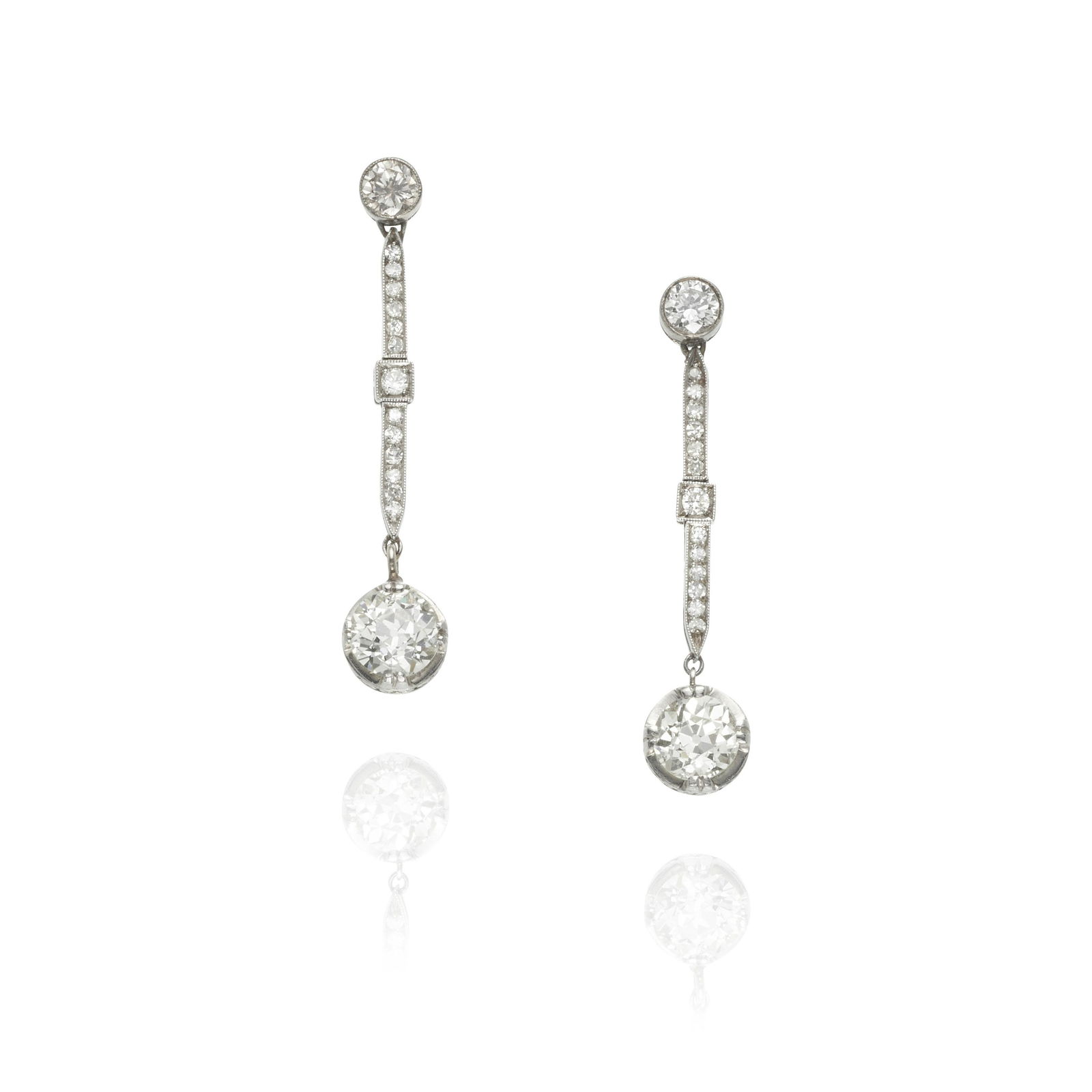 A PAIR OF PLATINUM AND DIAMOND PENDANT EARRINGS, CIRCA (1 of 2)