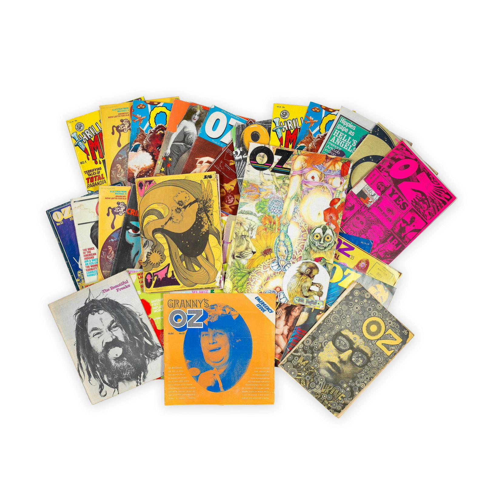 Oz Magazine: A large collection of magazines,: Oz Magazine: A large collection of magazines, 1967-1973, comprising: 40 issues of the London edition with features on Martin Sharp, Bob Dylan, The Doors, Hells Angels, Elektra Records etc, (Issues no.