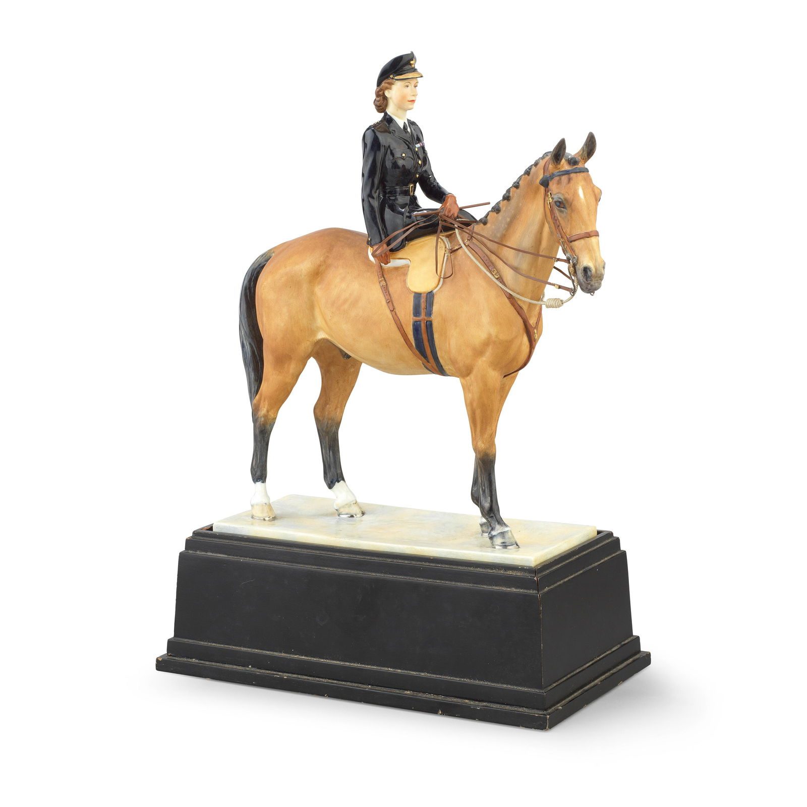 A Royal Worcester model of HRH Princess Elizabeth: A Royal Worcester model of HRH Princess Elizabeth riding 'Tommy', introduced 1949 Modelled by Doris Lindner, the Princess mounted side-saddle, wearing the uniform of Colonel-in-chief of the Grenadier