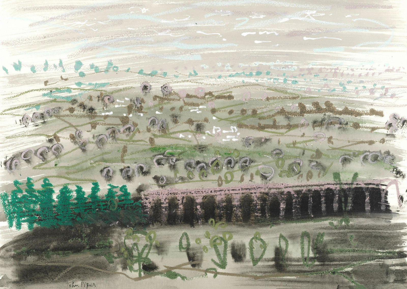 John Piper C.H. (British, 1903-1992) Landscape of: John Piper C.H. (British, 1903-1992) Landscape of France signed 'John Piper' (lower left) watercolour, pastel and gouache on paper 35.5 x 53cm (14 x 20 7/8in). Painted in 1961 Footnotes: