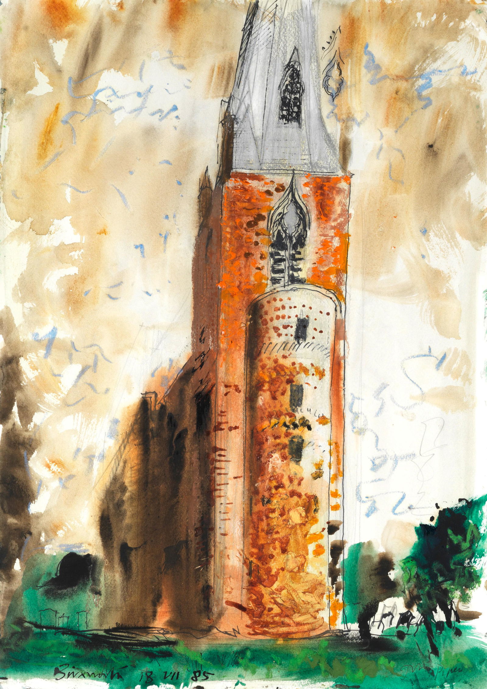 John Piper C.H. (British, 1903-1992) Brixworth: John Piper C.H. (British, 1903-1992) Brixworth signed 'John Piper' (lower right), titled and dated 'Brixworth 18 VII 85' (lower left) watercolour, pastel, pen and ink, acrylic and pencil on paper 59.5