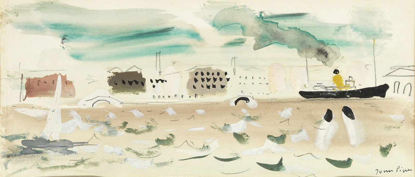 John Piper C.H. (British, 1903-1992) Fondamento with a: John Piper C.H. (British, 1903-1992) Fondamento with a Tug signed 'John Piper' (lower right) watercolour, gouache and pencil on paper 15 x 35.5cm (5 7/8 x 14in). Footnotes: Provenance