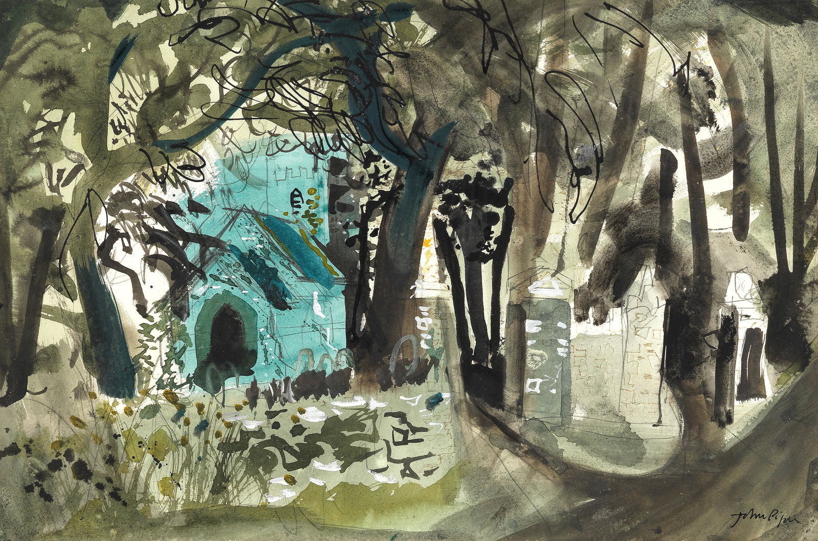 John Piper C.H. (British, 1903-1992) Jordanston: John Piper C.H. (British, 1903-1992) Jordanston signed 'John Piper' (lower right), titled 'Jordanston' (verso) watercolour, gouache, pencil, ink and pen and ink on paper 37 x 56cm (14 9/16 x 22 1/16in