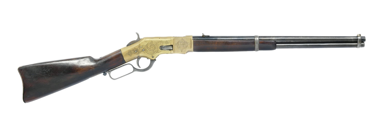 A deactivated .44 (Henry C.F.) 'Model 1866': A deactivated .44 (Henry C.F.) 'Model 1866' lever-action saddle-ring carbine by Winchester, no. 39724B (circa 1870) With some moving parts, the 'Third Model' brass receiver later engraved with bold fo