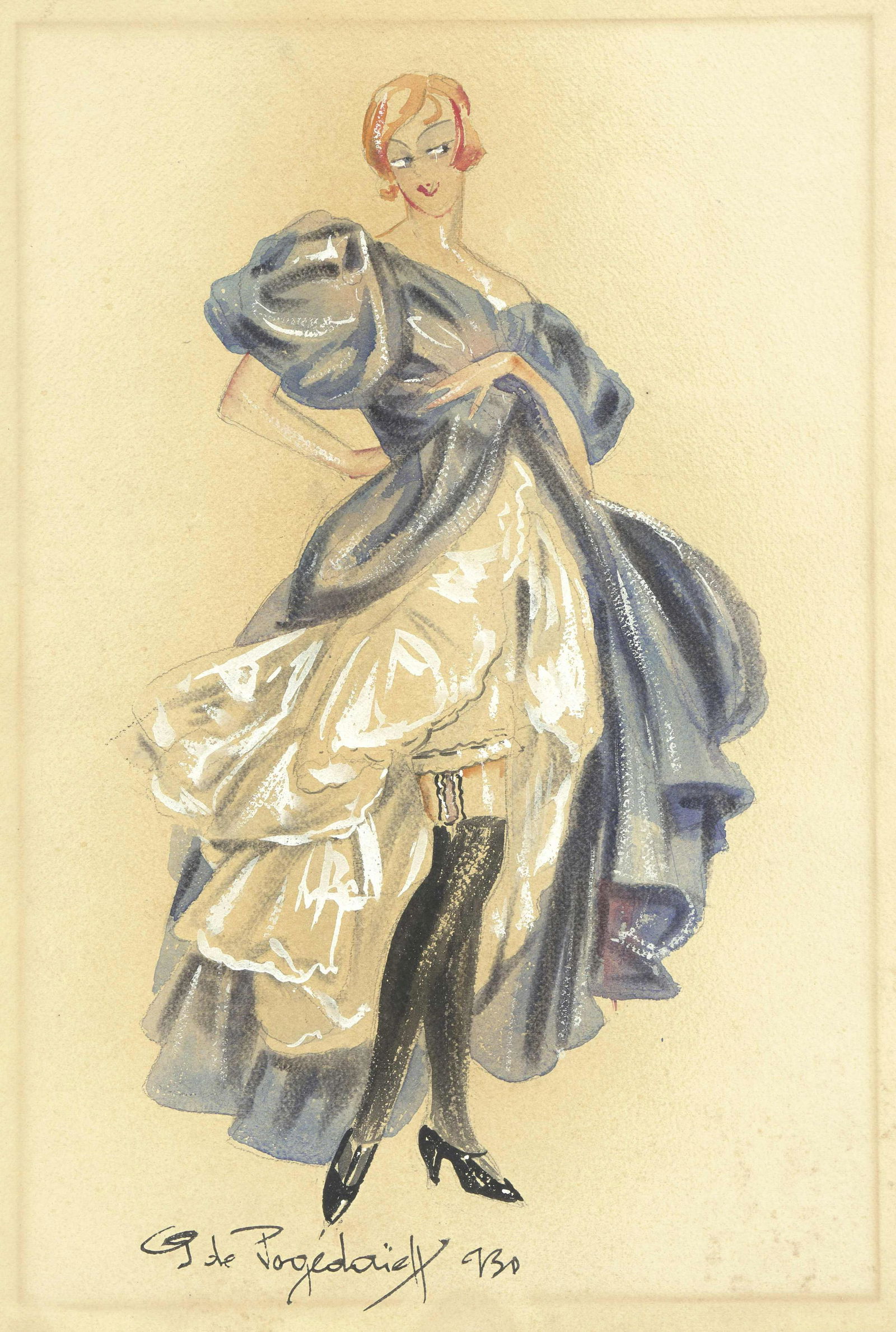 Georges De Pogedaieff (Russian, 1897-1971), A Costume: Georges de Pogedaieff (Russian, 1897-1971) A costume design for a cabaret character in a blue ballgown signed in Latin and dated '930' (centre, along the lower margin) pencil, gouache on paper partial