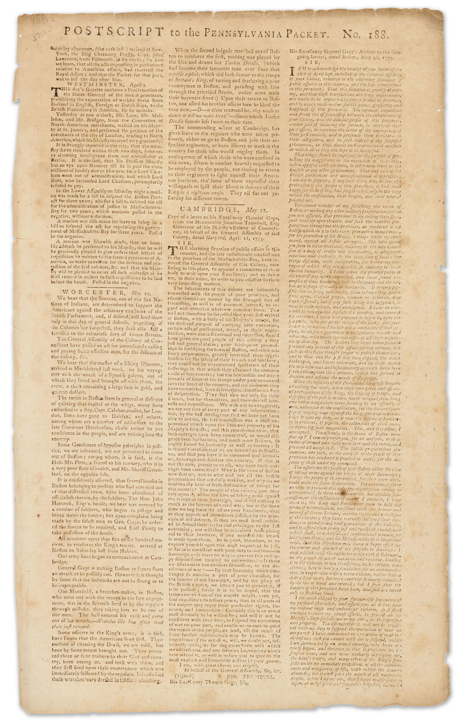 LEXINGTON AND CONCORD BROADSHEET. Postscript to the (1 of 1)