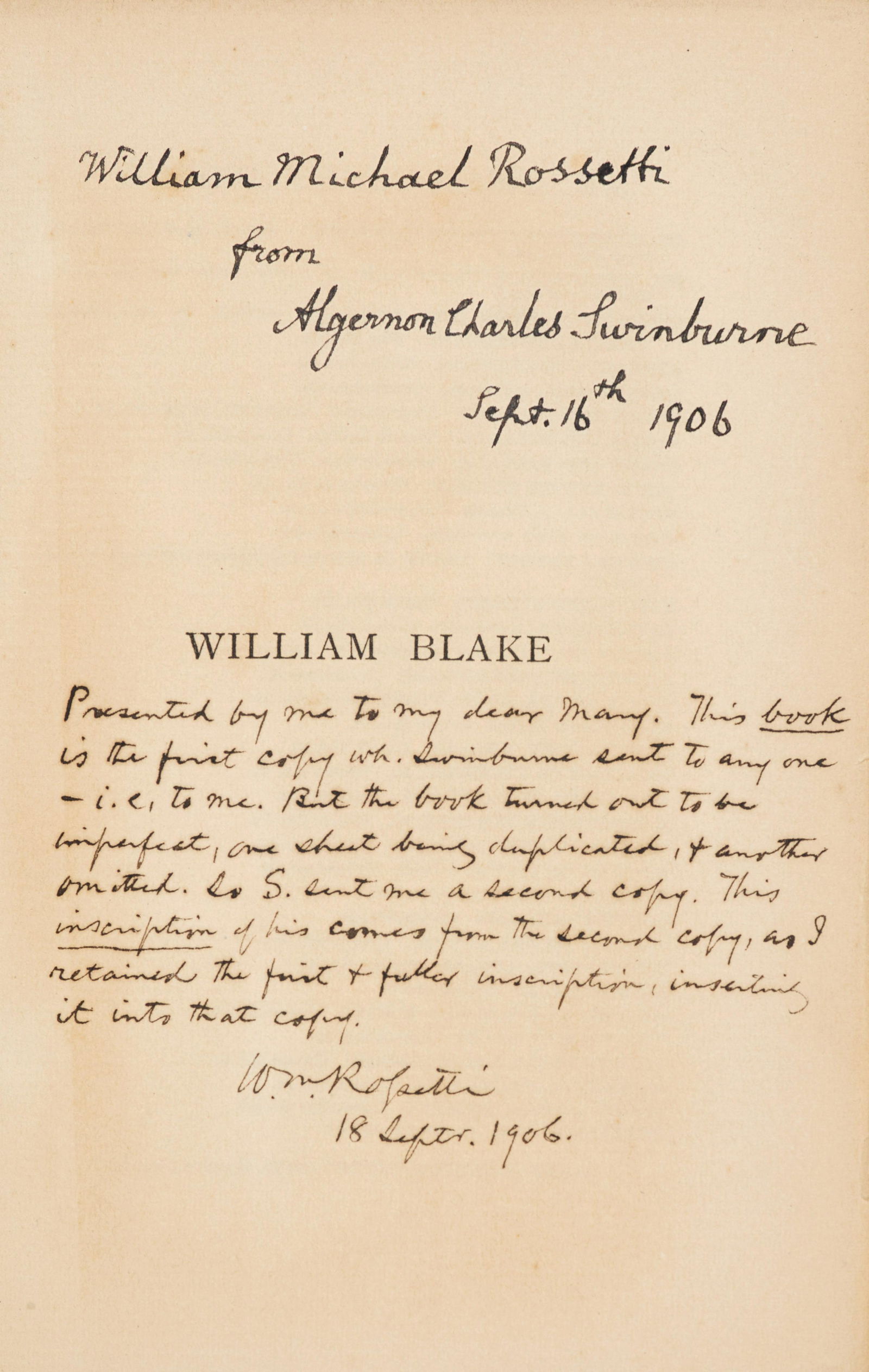 PRESENTATION COPY TO WILLIAM ROSSETTI. SWINBURNE,: PRESENTATION COPY TO WILLIAM ROSSETTI. SWINBURNE, ALGERNON CHARLES. 1837-1909. William Blake, A Critical Essay. London: Chatto & Windus, 1906. 8vo (190 x 128 mm). Imperfect (per Rossetti's note) with