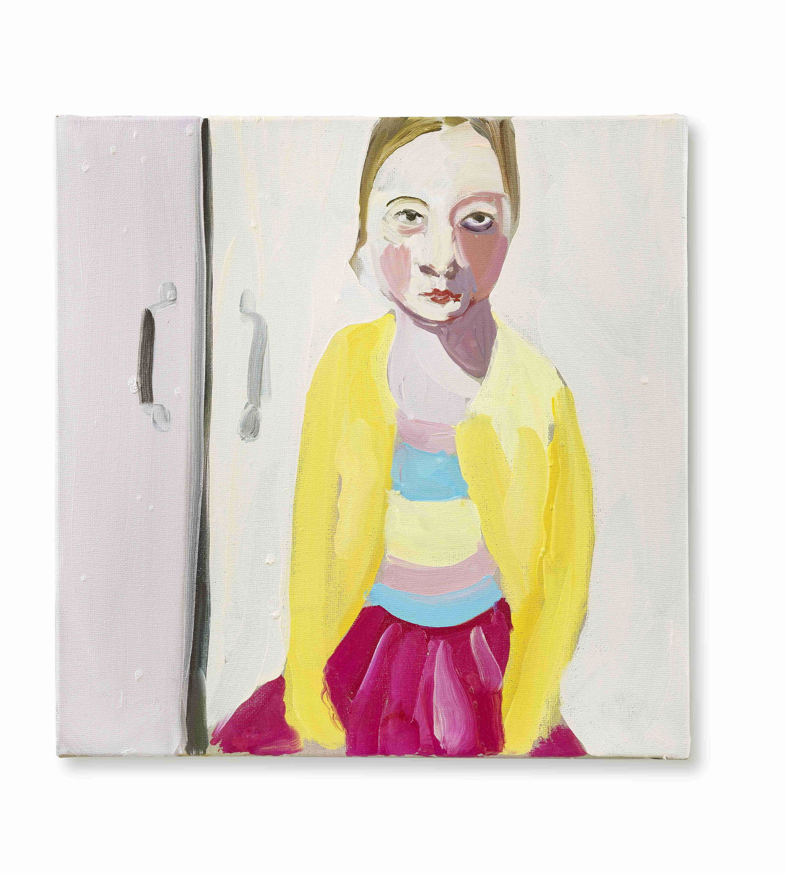 CHANTAL JOFFE (B. 1969) Bella in a Yellow Cardigan 2013: CHANTAL JOFFE (B. 1969) Bella in a Yellow Cardigan 2013 signed and dated 2013 on the stretcher oil on canvas 30.2 by 30.2 cm. 11 7/8 by 11 7/8 in. Footnotes: Provenance Donat
