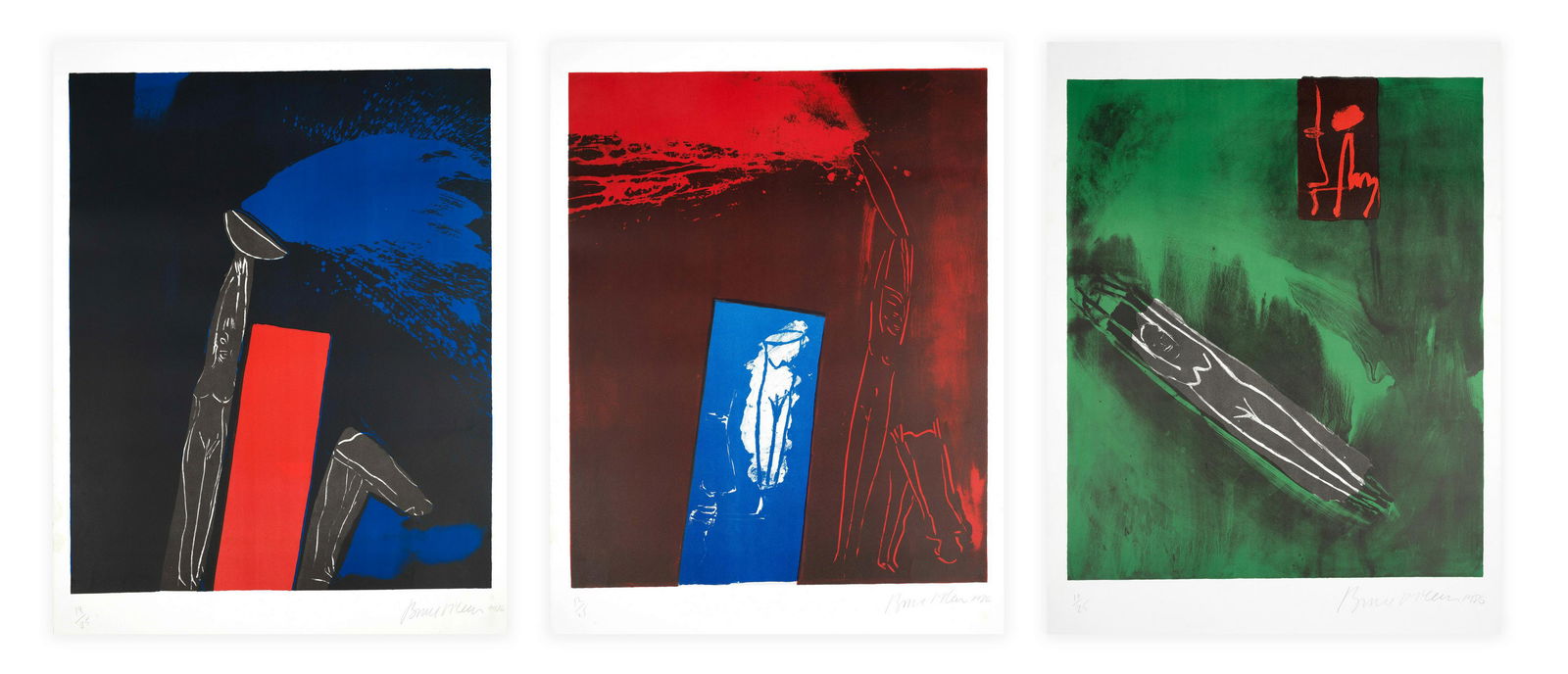 Bruce McLean (British, born 1944) Blue Splash, Red Door;: Bruce McLean (British, born 1944) Blue Splash, Red Door; She Sleeps with a Jug; Untitled (Blue Pipe Smoker) Three lithographs printed in colours, 1986, on wove, each signed and variously numbered from