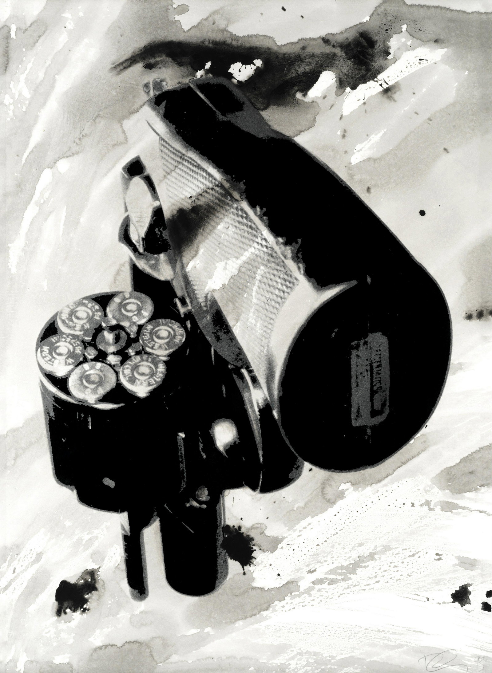 Robert Longo (American, born 1953) Untitled (Gun), from: Robert Longo (American, born 1953) Untitled (Gun), from 'The Hope and Optimism Portfolio' Screenprint in black and silver, with extensive hand-colouring in ink wash, 1993, on heavy Fabriano, signed an