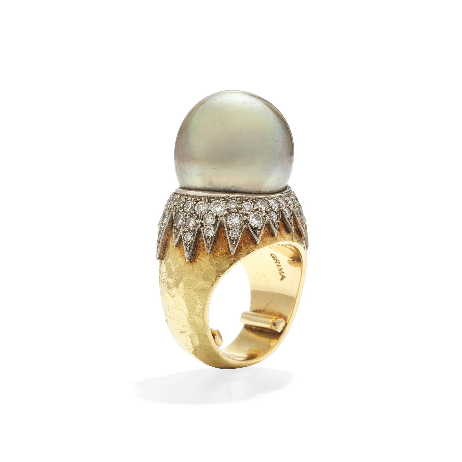 GRIMA: CULTURED PEARL AND DIAMOND DRESS RING, 1991: GRIMA: CULTURED PEARL AND DIAMOND DRESS RING, 1991 The large 16.0mm x 17.0mm cultured pearl of grey tint within an applied 'skirt' of pavé-set brilliant-cut diamonds, on a textured mount, signed
