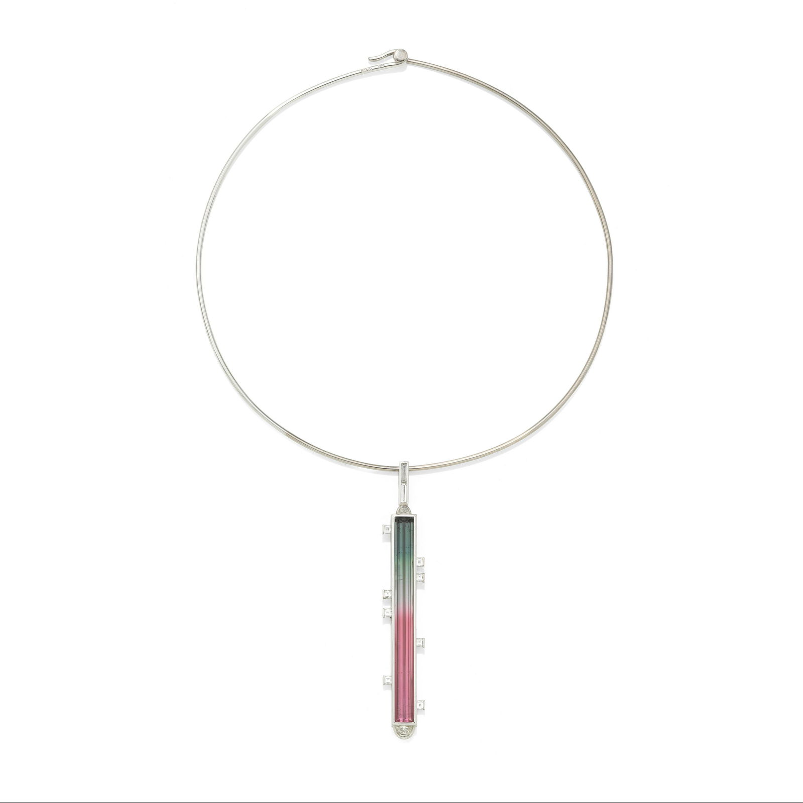 GRIMA: TOURMALINE AND DIAMOND COLLAR, 1991: GRIMA: TOURMALINE AND DIAMOND COLLAR, 1991 The elongated rectangular step-cut watermelon tourmaline, weighing 25.50 carats, accented by baguette-cut and demi-lune shaped diamonds, suspended from a tor