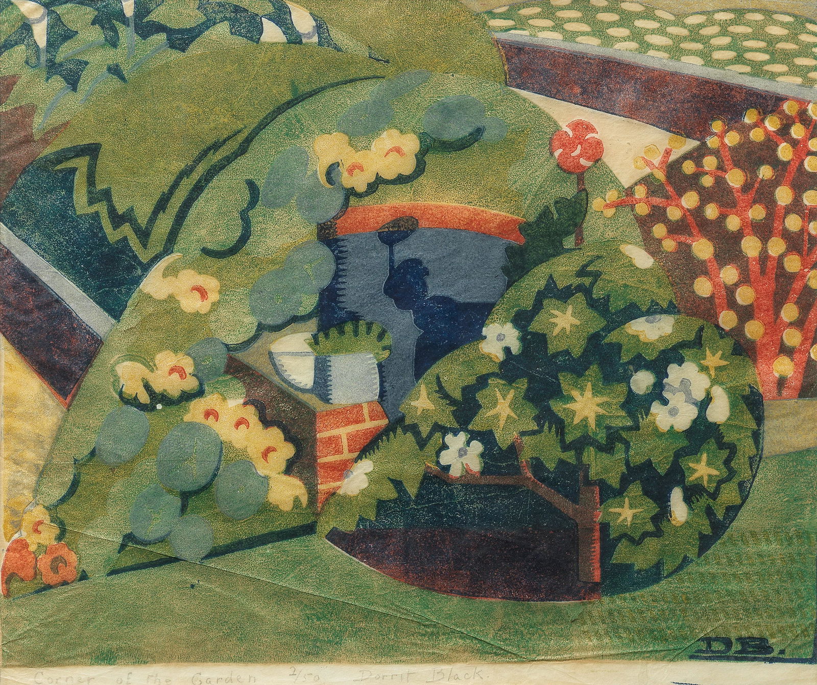 Dorrit Black (1891-1951): Dorrit Black (1891-1951) Corner of the Garden (Coppel DB.32) Linocut printed in yellow ochre, vermilion, viridian, cobalt blue, grey, circa 1936, on buff oriental laid tissue, signed and numbered 2/50