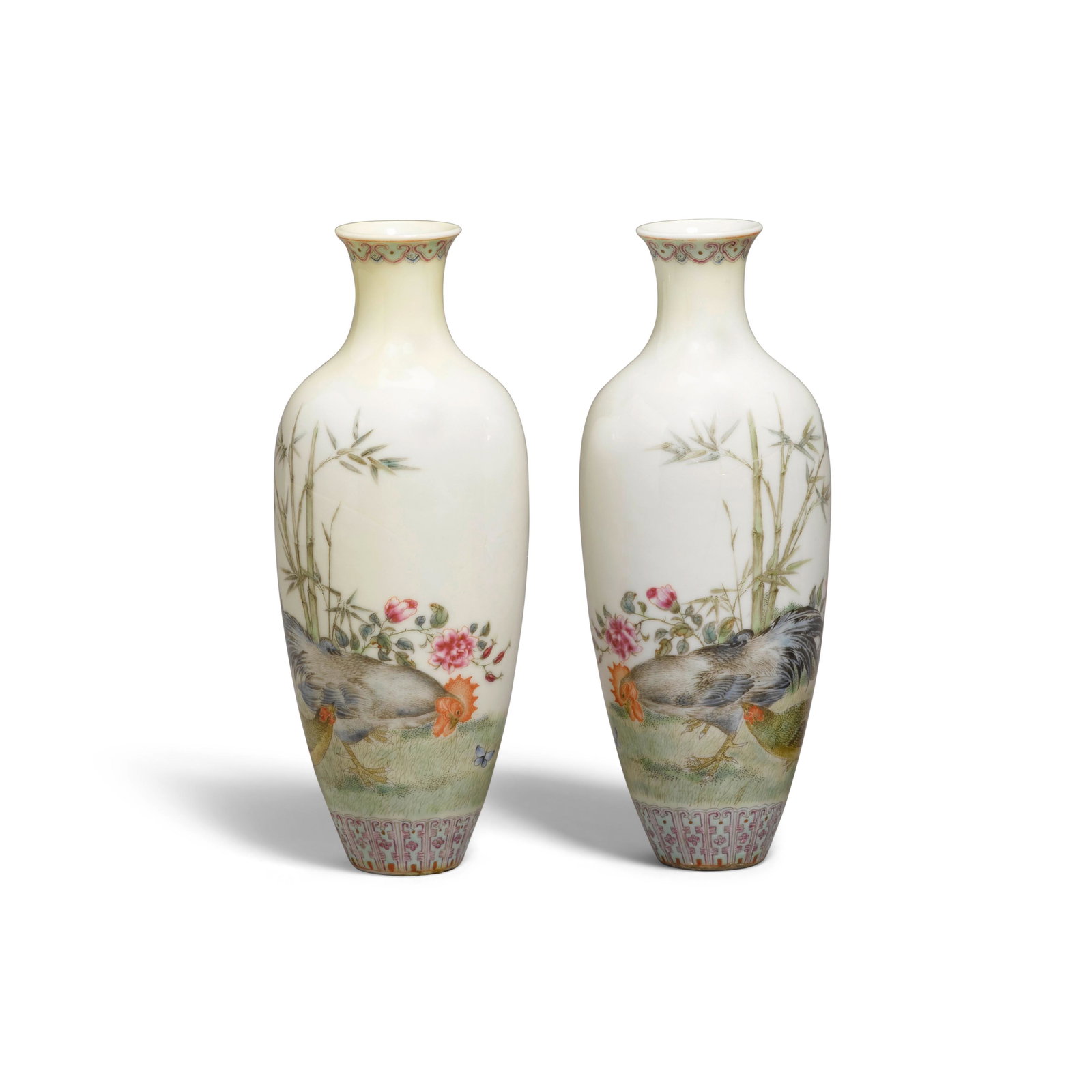 A pair of enameled eggshell porcelain 'cockerel' vases (1 of 3)