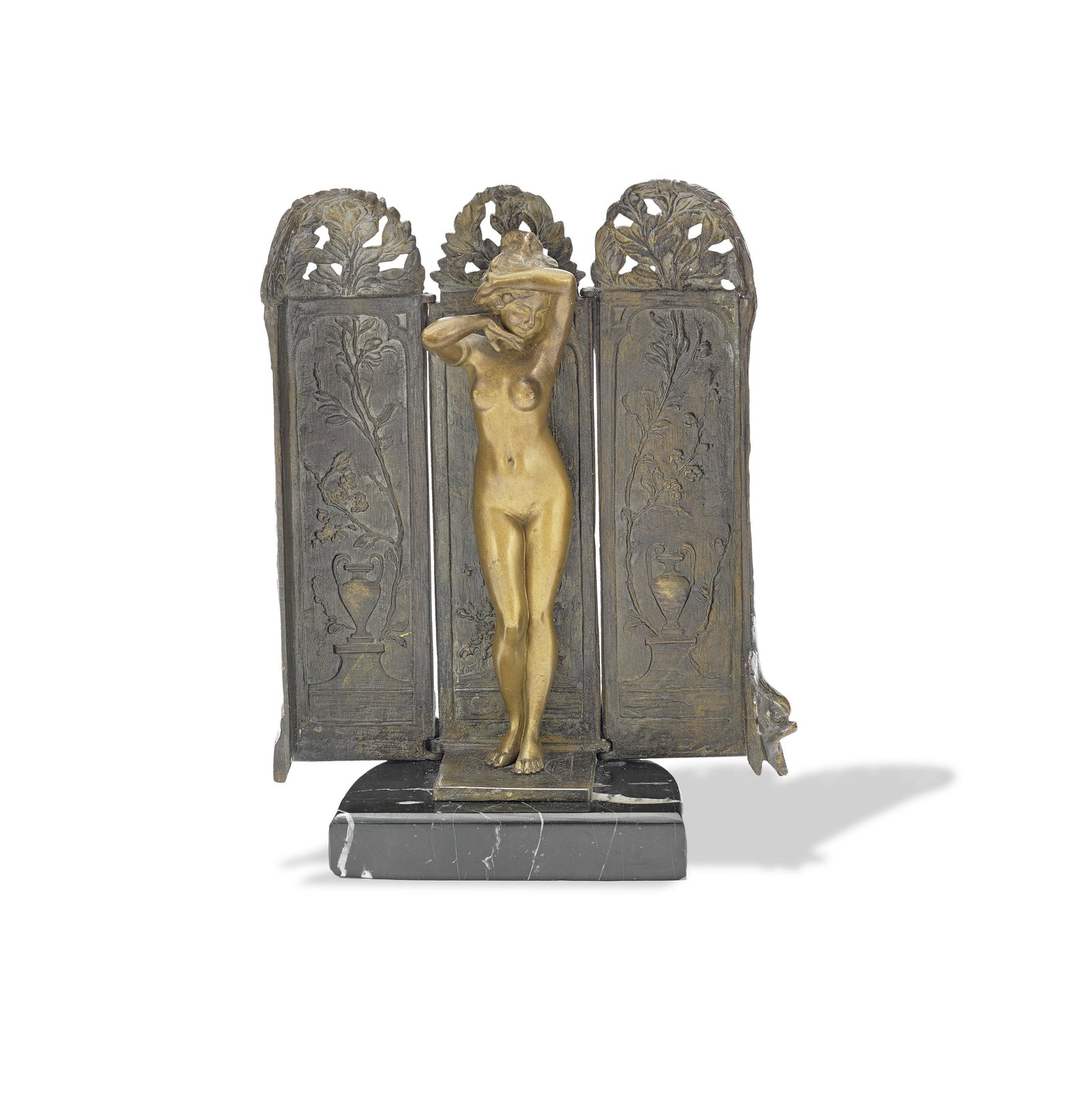 Franz Bergman: Franz Bergman Nude female hidden within hinged case, early 1900s Bronze, marble base. 20 cm high Reverse impressed with Bergman amphora mark and 5656. This lot is subject to the following lot symbols: