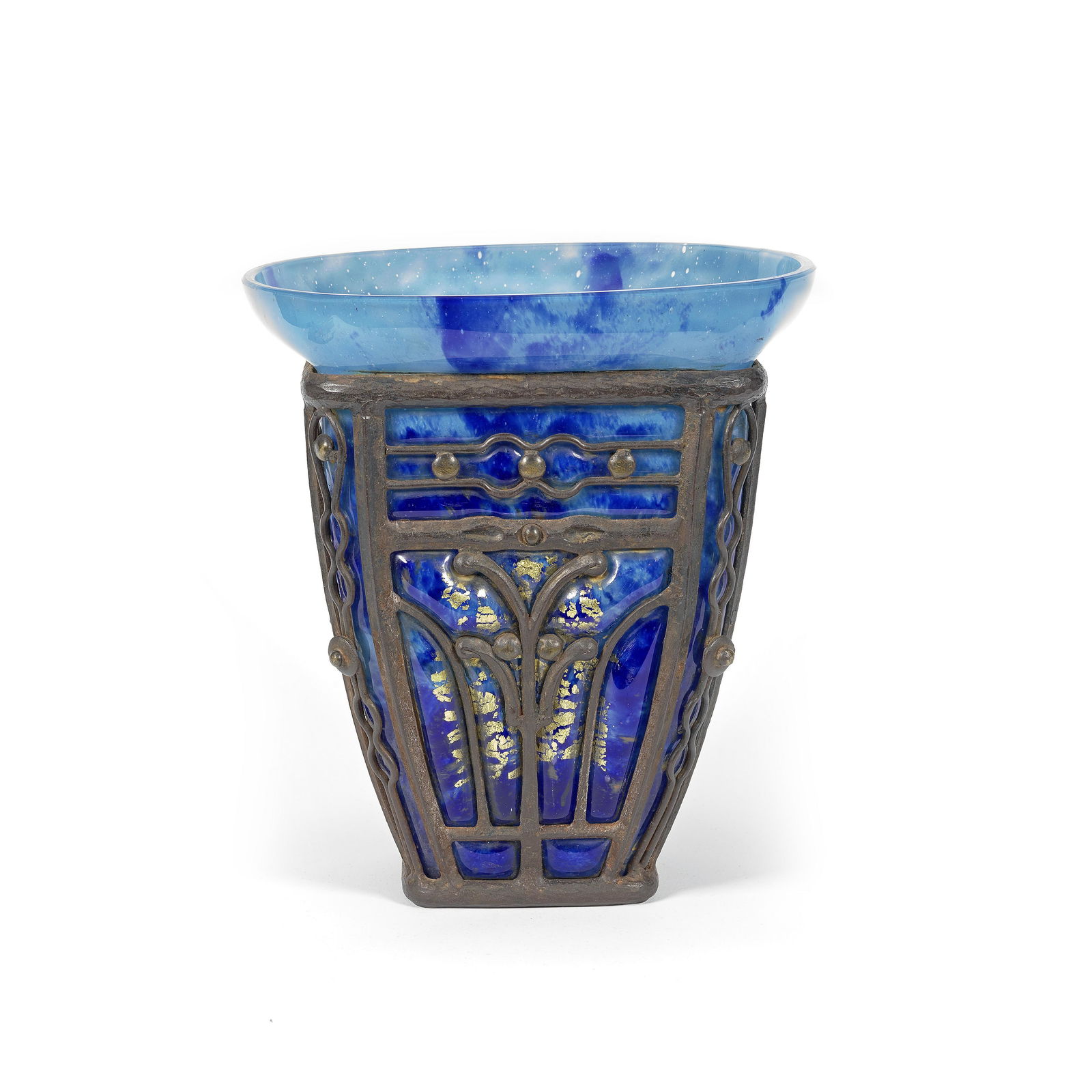 Louis Majorelle and Daum: Louis Majorelle and Daum Vase, circa 1925 Glass with gold leaf inclusions, wrought iron. 24.3 cm high Underside incised L. Majorelle/Daum Nancy with the Cross of Lorraine. Footnotes: Literature