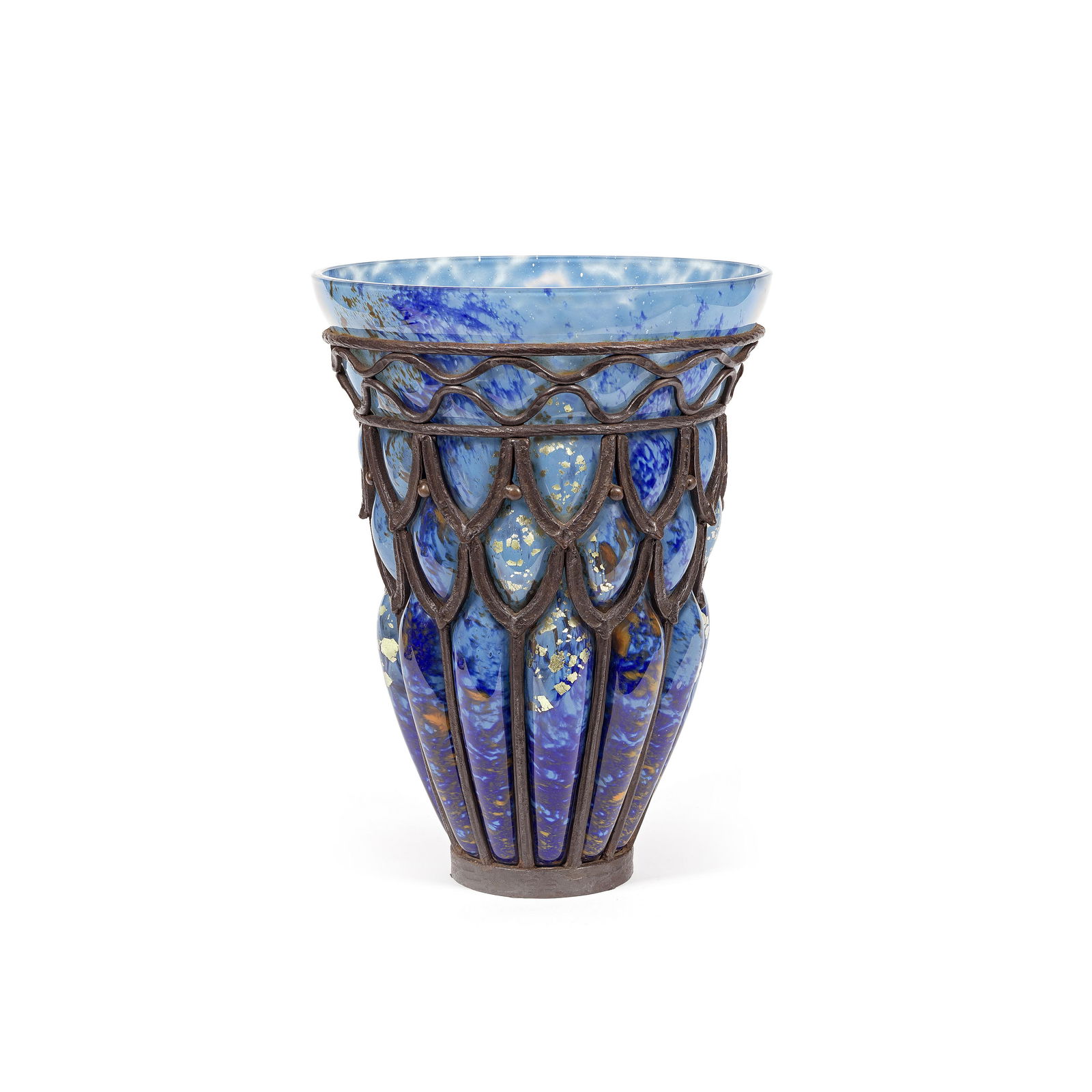 Louis Majorelle and Daum: Louis Majorelle and Daum Vase, circa 1925 Glass with gold leaf inclusions, wrought iron. 32.6 cm high Underside engraved L. Majorelle/Daum Nancy France with the Cross of Lorraine.