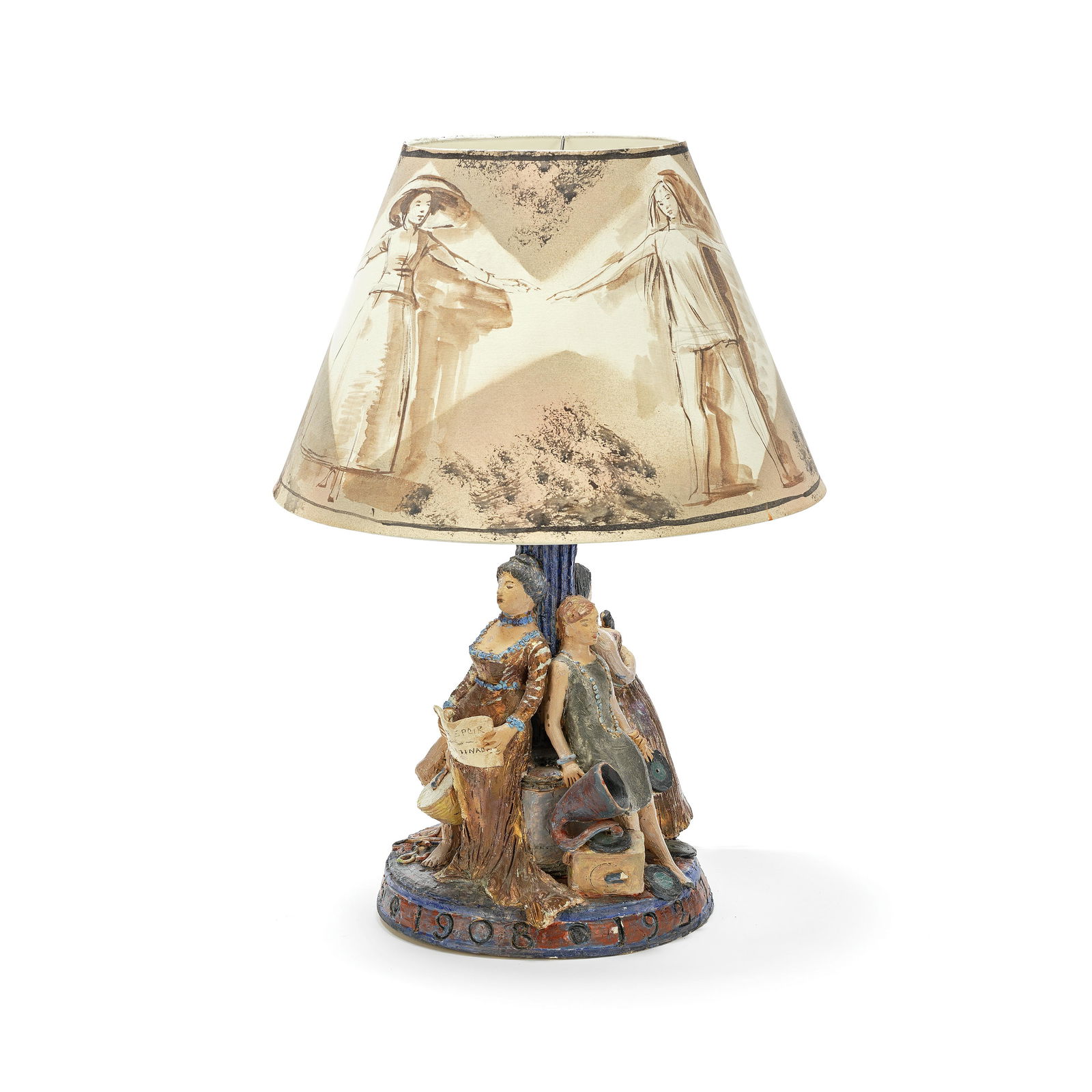 Quentin Bell: Quentin Bell Unique table lamp, 1986 Partially glazed earthenware, fabric shade with pencil and watercolour designs. Base: 39 cm high Shade: 41 cm diameter Impressed with artist's bell mark. Together