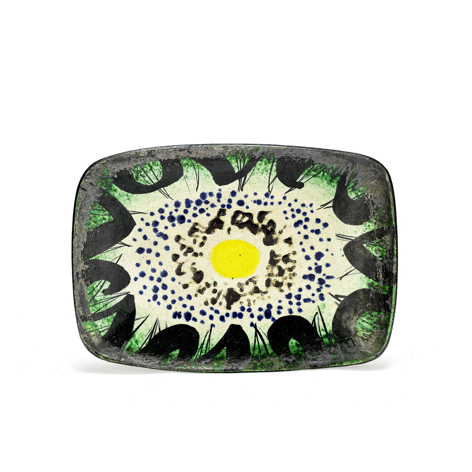 John Piper: John Piper Large dish, 1975 Glazed earthenware. 5.5 x 55.5 x 39.5 cm Underside signed and dated in paint JP/iv / 75. This lot is subject to the following lot symbols: AR AR Goods subje