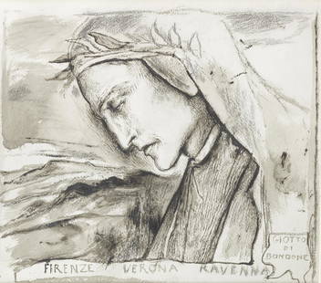 Simeon Solomon (British, 1840-1905) Dante: Simeon Solomon (British, 1840-1905) Dante inscribed 'FIRENZE VERONA RAVENNA' (lower centre, in a cartouche) and 'GIOTTO/DI/BONDONE' (lower right, in a cartouche) black chalk and grey wash on paper, wa