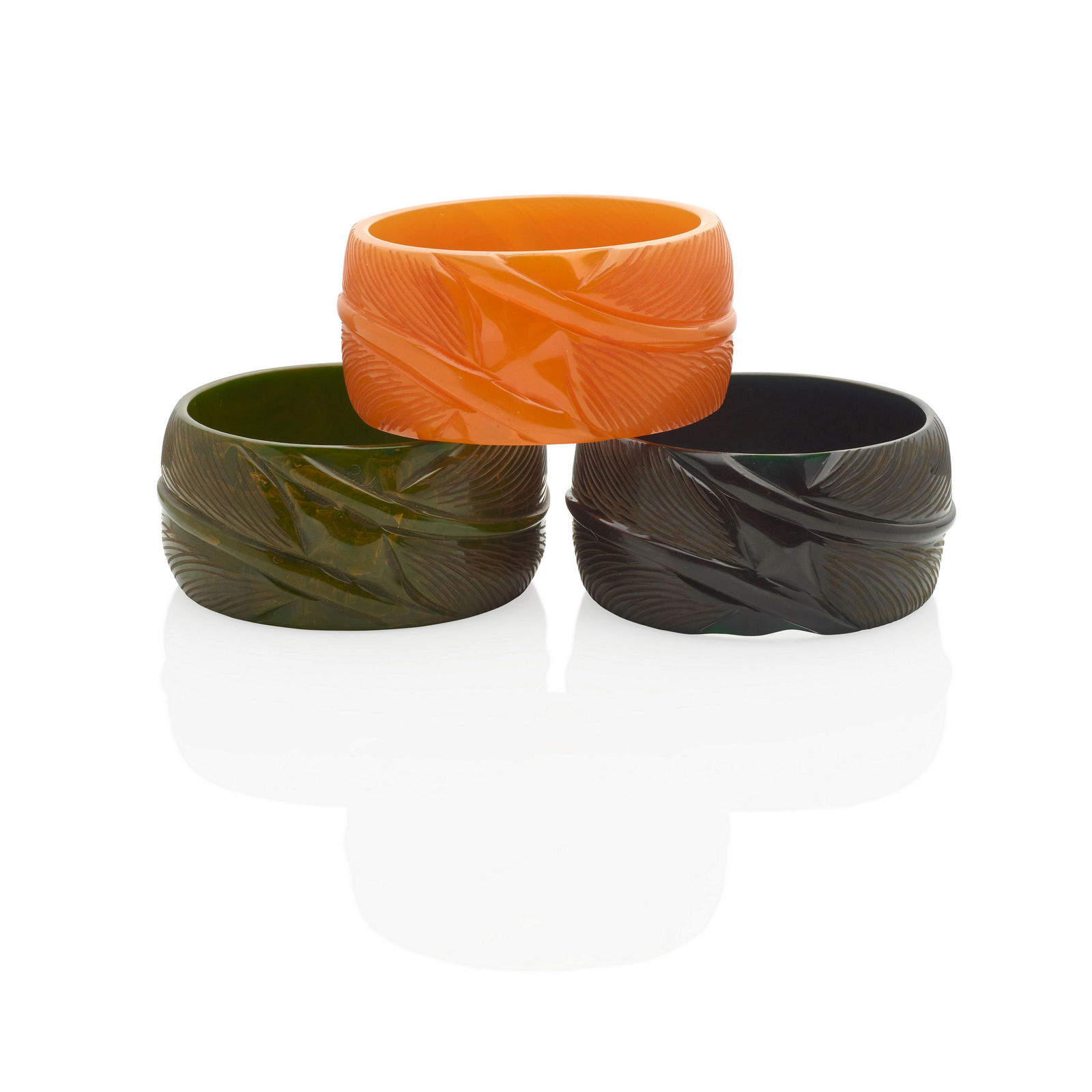 THREE BAKELITE CARVED 'LEAF' BANGLE BRACELETS (1 of 1)