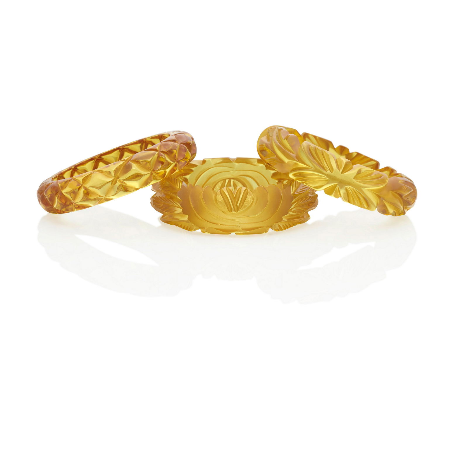 THREE BAKELITE TRANSLUCENT CARVED BANGLE BRACELETS (1 of 1)