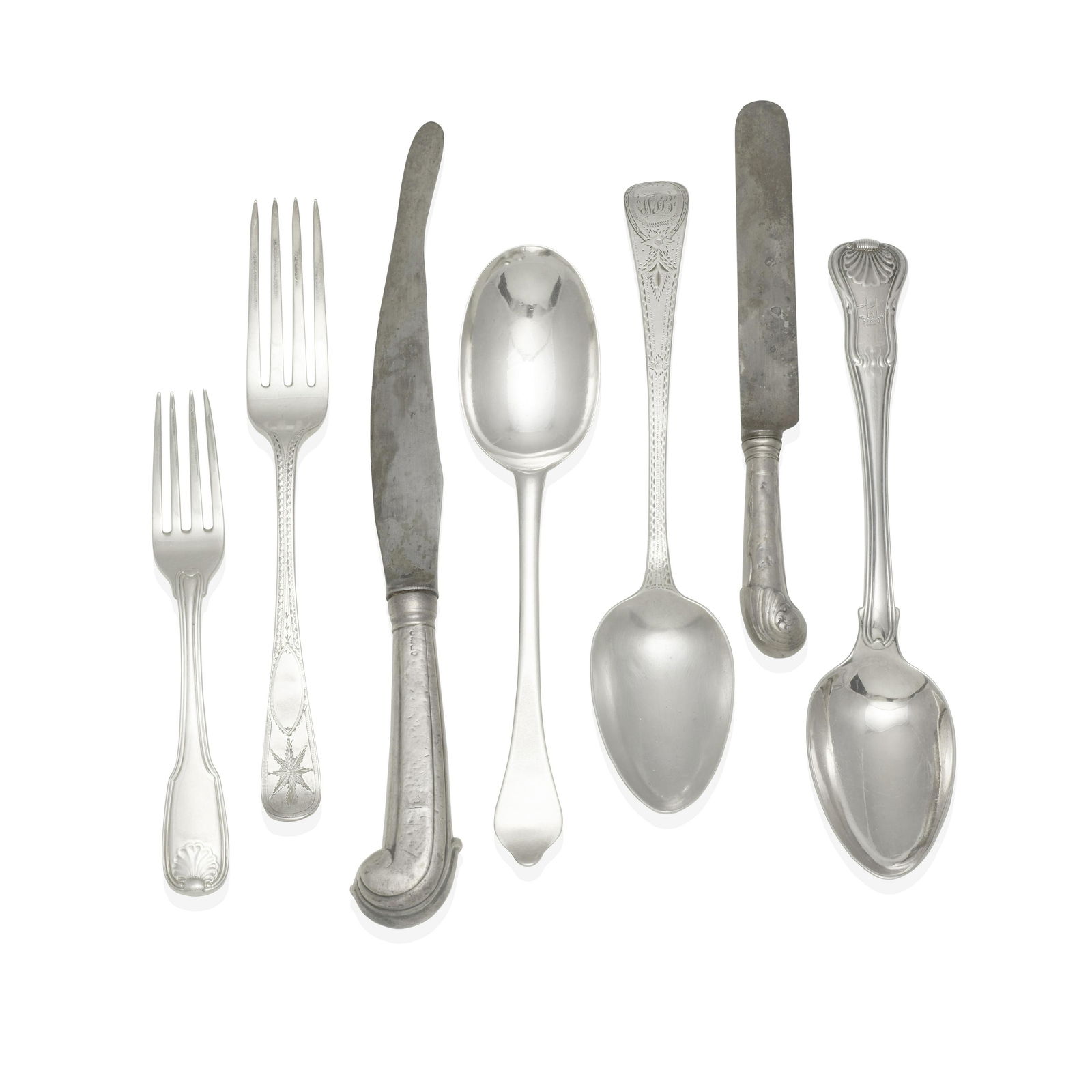 A GROUP OF GEORGIAN SILVER FLATWARE PIECES: A GROUP OF GEORGIAN SILVER FLATWARE PIECES by various makers, London, late 18th-early 19th centuries Makers including George Smith IV, Peter & William Bateman, and William Eley, William Fearn & Willia