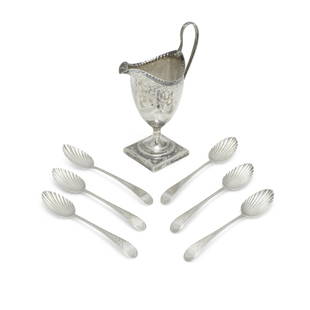 SIX GEORGE III SILVER SHELL-FORM TEASPOONS: SIX GEORGE III SILVER SHELL-FORM TEASPOONSby Peter & Ann Bateman, London, 1791Together with a George III silver footed creamer by Hester Bateman, London, 1787; height of creamer 5 5/8in (14cm); total