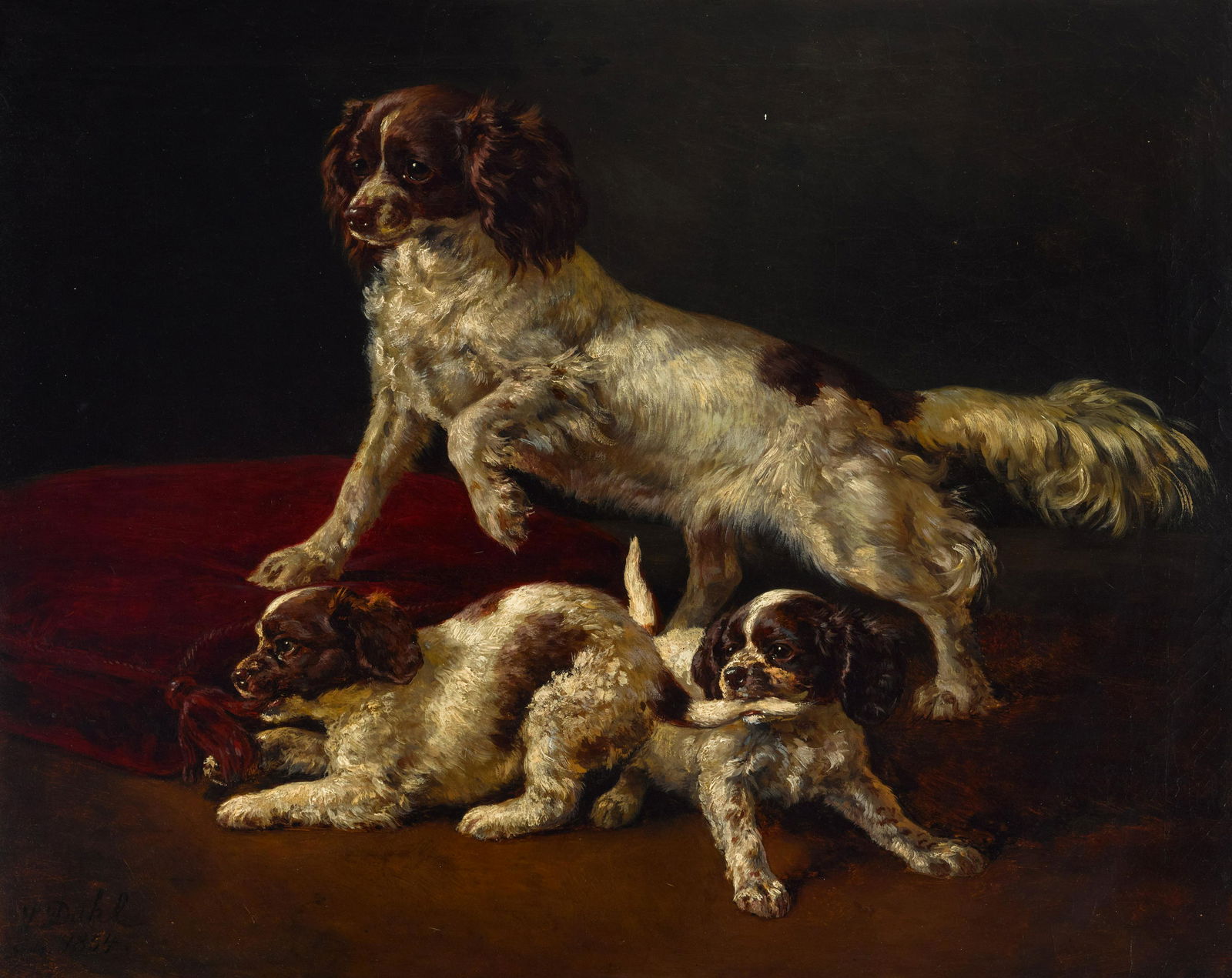Siegwald Johannes Dahl (Norwegian, 1827-1902): Siegwald Johannes Dahl (Norwegian, 1827-1902) Spaniel puppies at play signed and dated 'S. Dahl / Decbr. 1854.' (lower left) oil on canvas 23 1/2 x 29in (59.7 x 73.7cm)