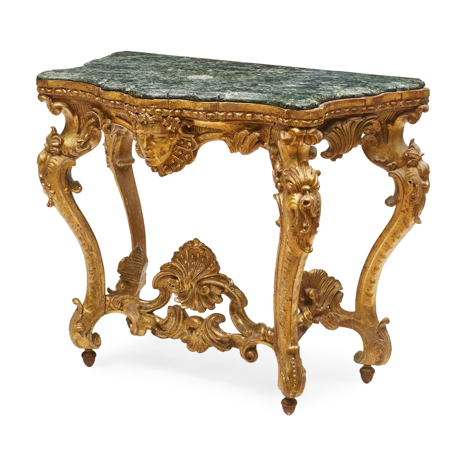 A LOUIS XV STYLE MARBLE TOP CARVED GILTWOOD CONSOLE: A LOUIS XV STYLE MARBLE TOP CARVED GILTWOOD CONSOLE TABLE 19th century The marble top drilled for fixture. height 33 1/4in (84.5cm); width 40in (101.5cm); depth 22in (56cm)