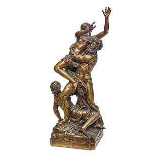 A LARGE PATINATED BRONZE GROUP: PLUTO AND PERSEPHONE: A LARGE PATINATED BRONZE GROUP: PLUTO AND PERSEPHONE (ALLEGORY OF FIRE)After Francois Girardon, late 19th century/early 20th centuryOn a later bronze mounted green marble pedestal.height of bronze 43