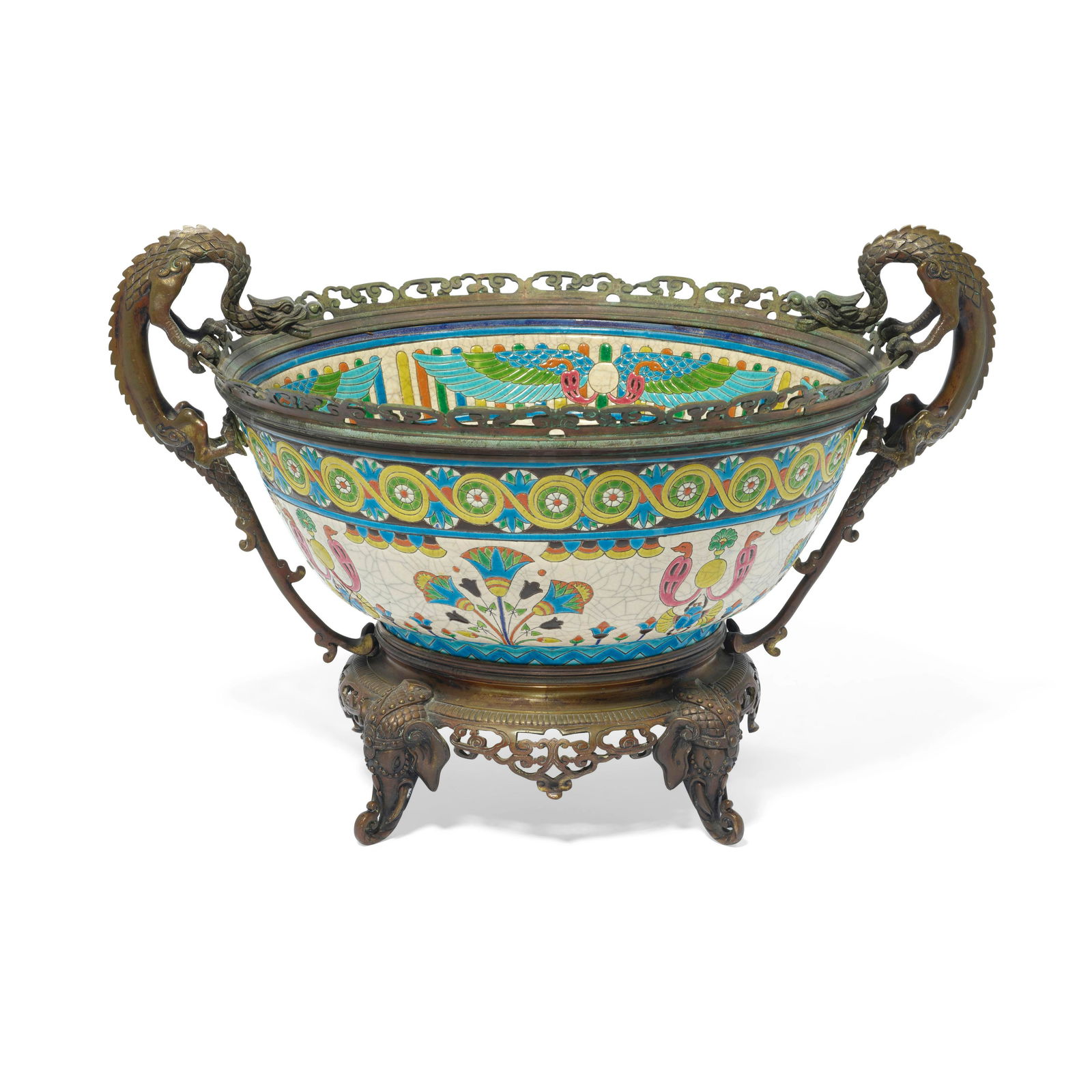 A BRONZE MOUNTED BELGIAN GLAZED EARTHENWARE CENTER BOWL (1 of 1)