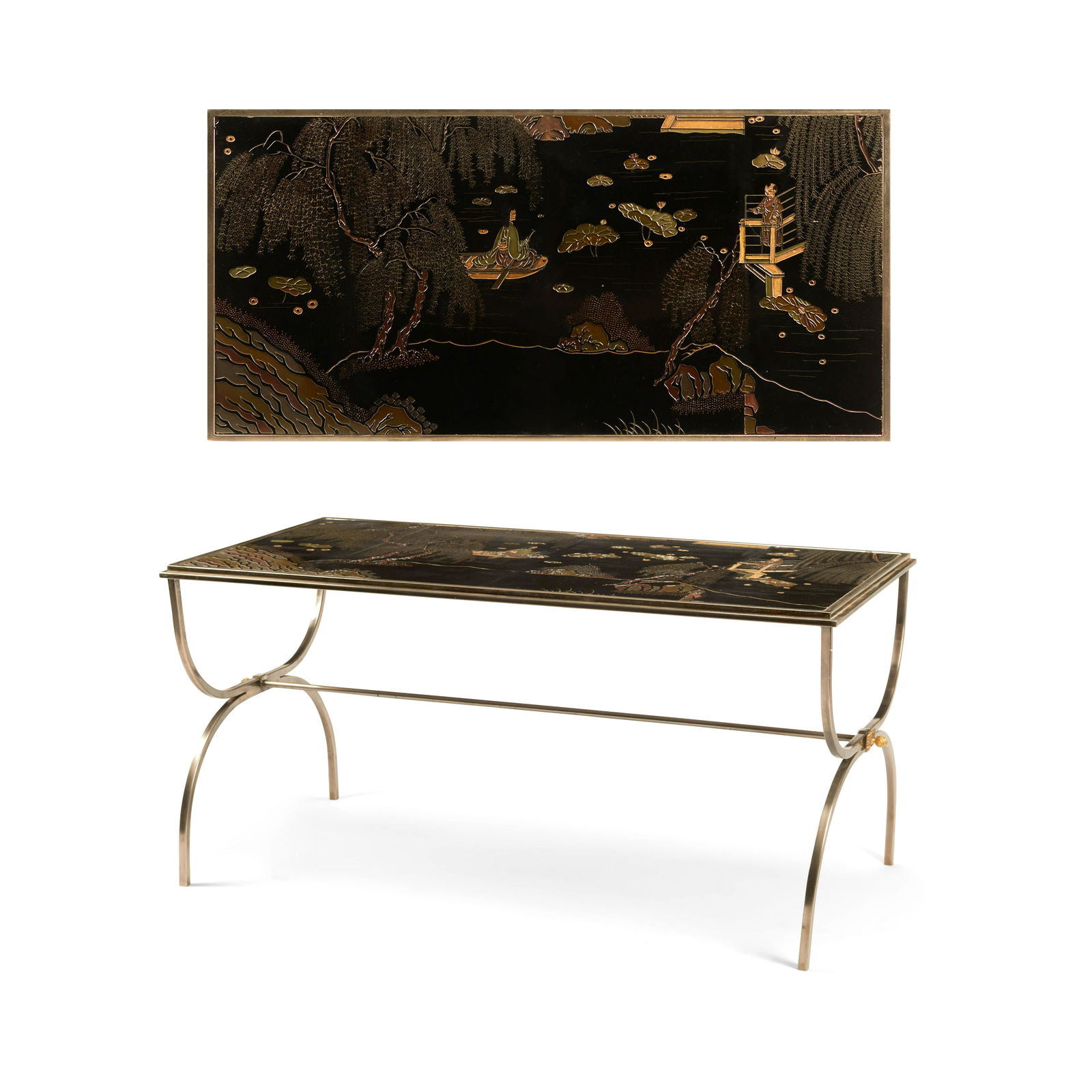 A FRENCH STYLE COROMANDEL TOP STEEL TABLE (1 of 3)