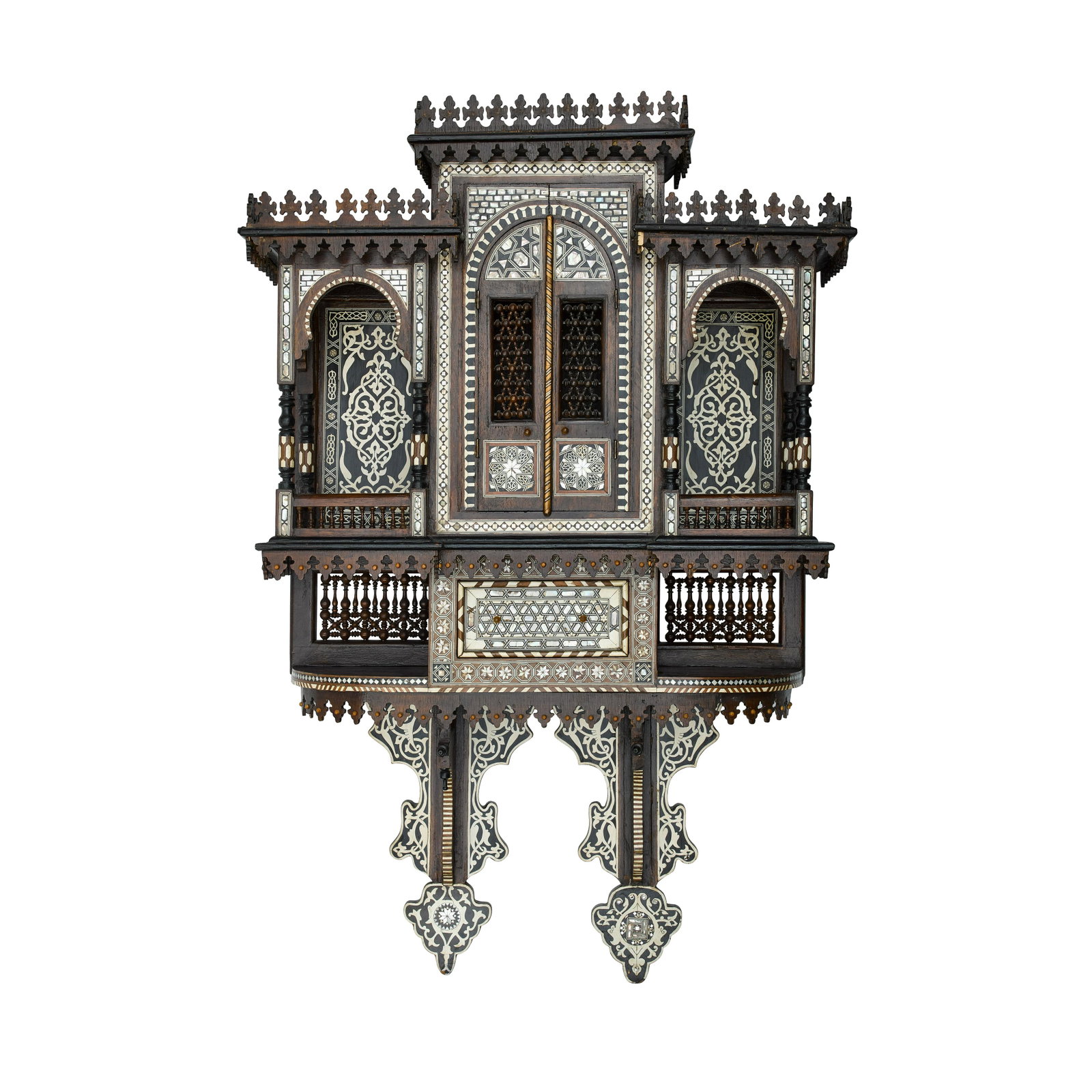A LEVANTINE STYLE BONE AND SHELL INLAID WALL CABINET: A LEVANTINE STYLE BONE AND SHELL INLAID WALL CABINET Late 20th century height 51in (129cm); width 31 1/2in (80cm); depth 10 1/2in (26cm) This lot is subject to the following lot symbols: W W I