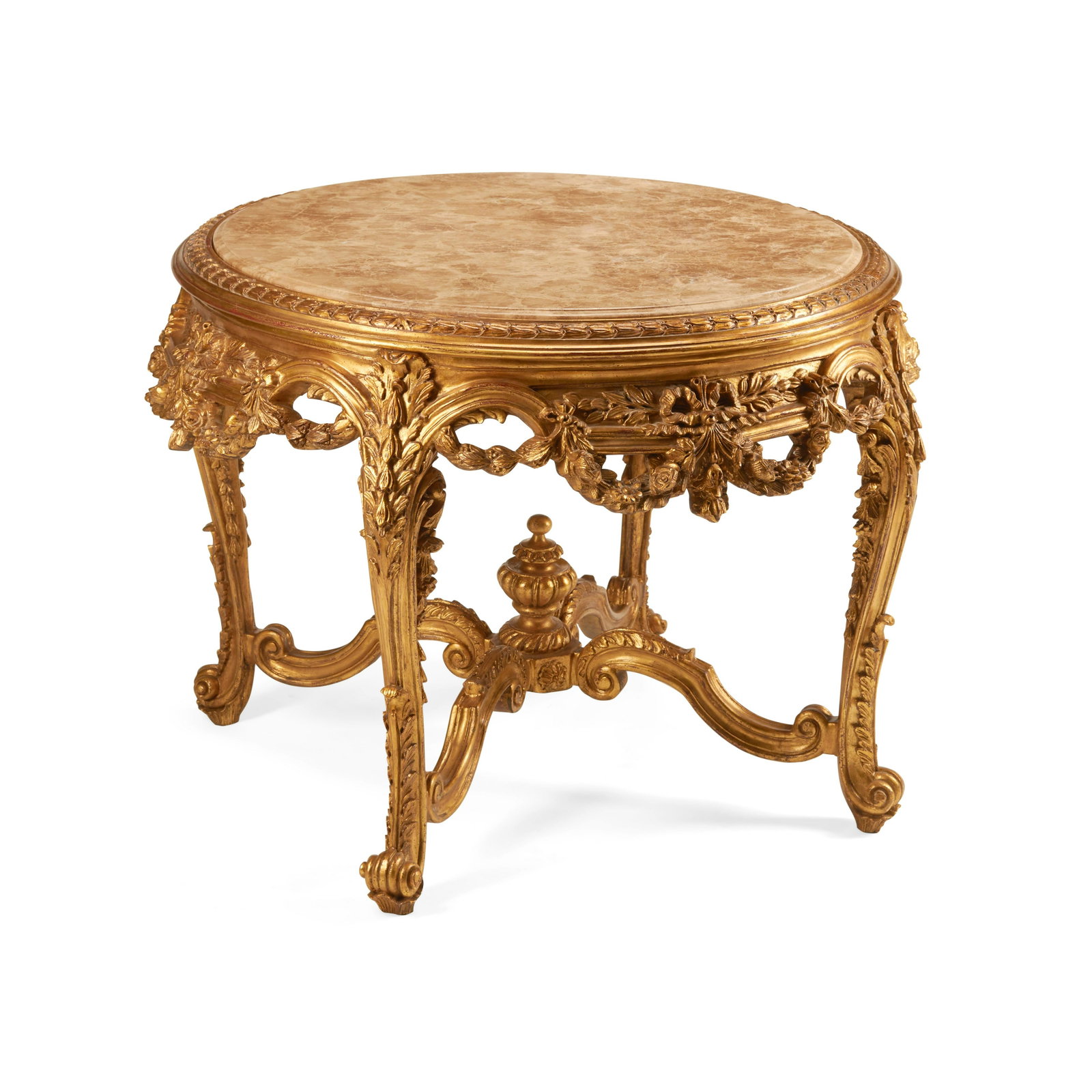 A LOUIS XV STYLE MARBLE TOP GILTWOOD CENTER TABLE: A LOUIS XV STYLE MARBLE TOP GILTWOOD CENTER TABLE height 33in (84cm); diameter 42in (107cm)
