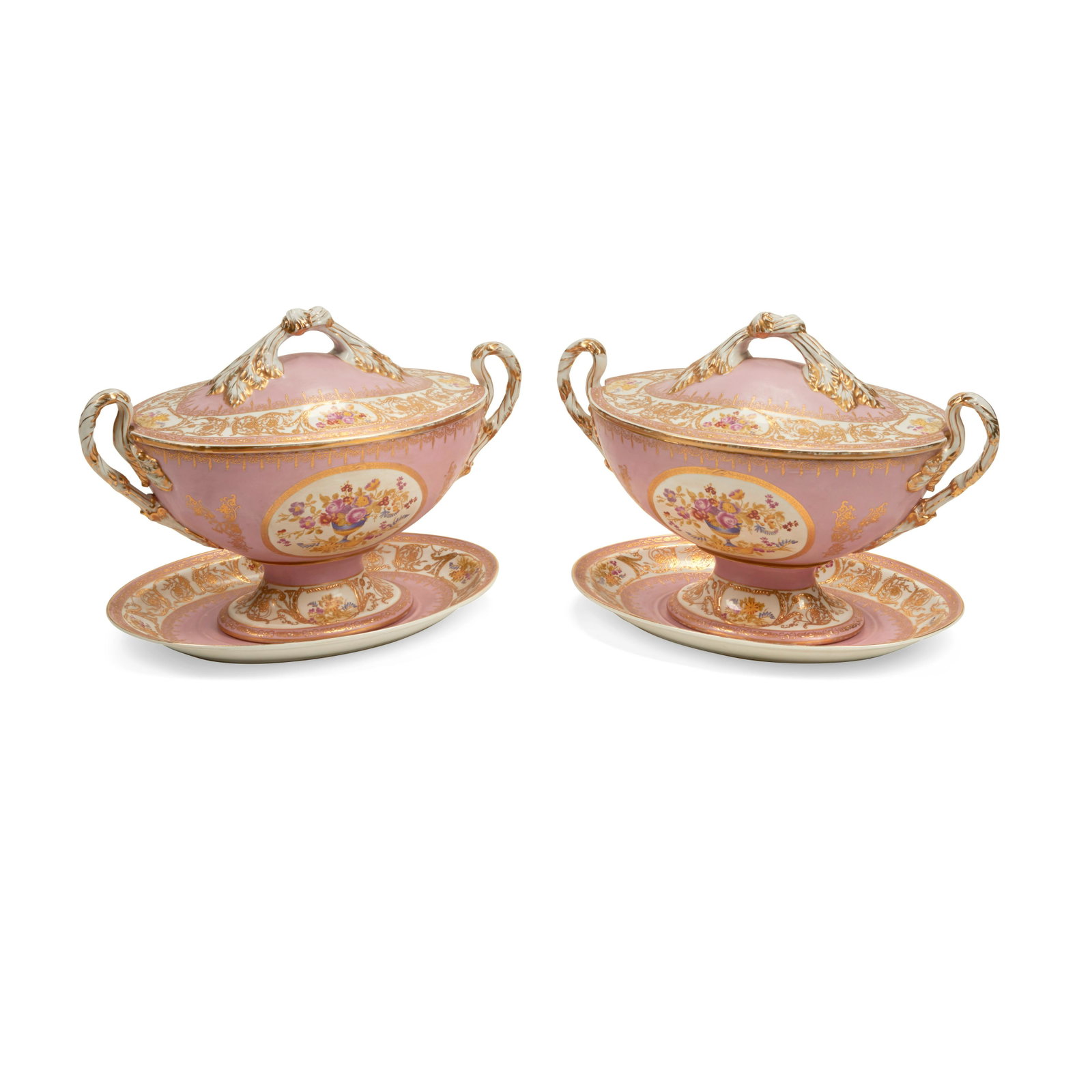 A PAIR OF SÈVRES STYLE PORCELAIN TUREENS ON STANDS: A PAIR OF SÈVRES STYLE PORCELAIN TUREENS ON STANDS height overall 17in (43cm); width 23in (58.5cm); depth 14in (35.5cm)