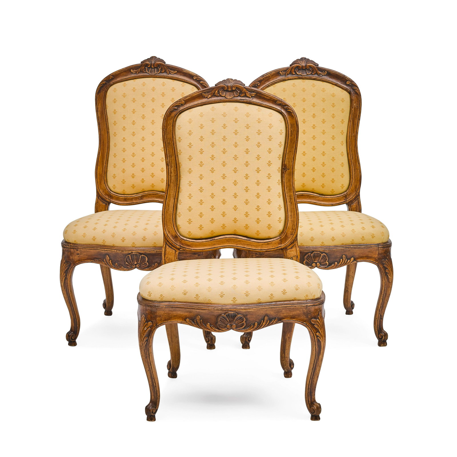 A SET OF THREE FRENCH PROVINCIAL BEECH SIDE CHAIRS: A SET OF THREE FRENCH PROVINCIAL BEECH SIDE CHAIRS height 36in (92cm); width 22 1/2in (57cm); depth 19in (48cm)
