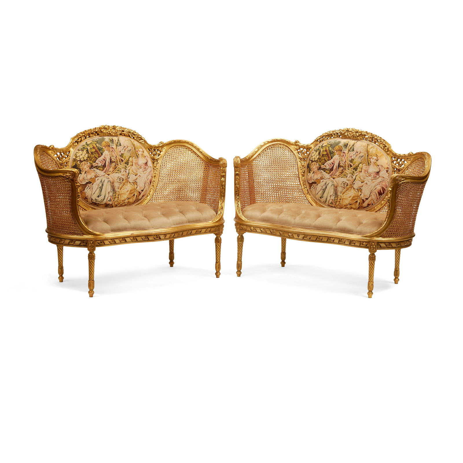 A PAIR OF LOUIS XVI STYLE GILTWOOD SETTEES: A PAIR OF LOUIS XVI STYLE GILTWOOD SETTEES height 39in (99cm); width 52in (132cm); 25in (63.5cm) This lot is subject to the following lot symbols: W W If the lot is not picked up immediately f