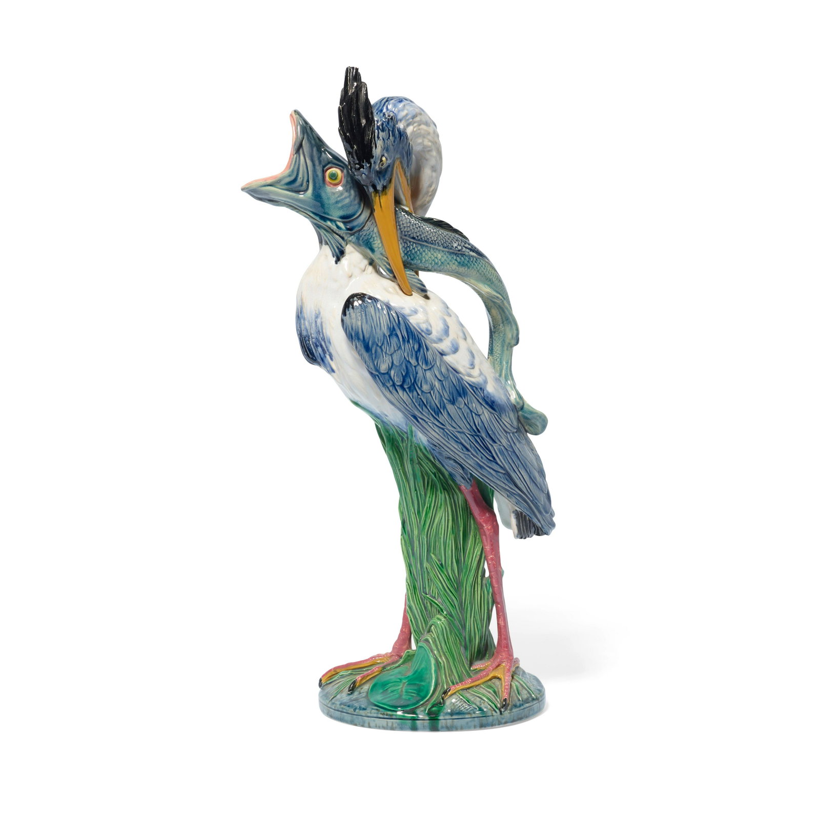 A MINTON MAJOLICA HERON AND PIKE EWER: A MINTON MAJOLICA HERON AND PIKE EWER Modelled by Hugues Protât (French, 1835-1871), 1866 Inscribed H. PROTAT to base, impressed Minton marks, date cypher, and shape no. 1241 to bottom. height 21