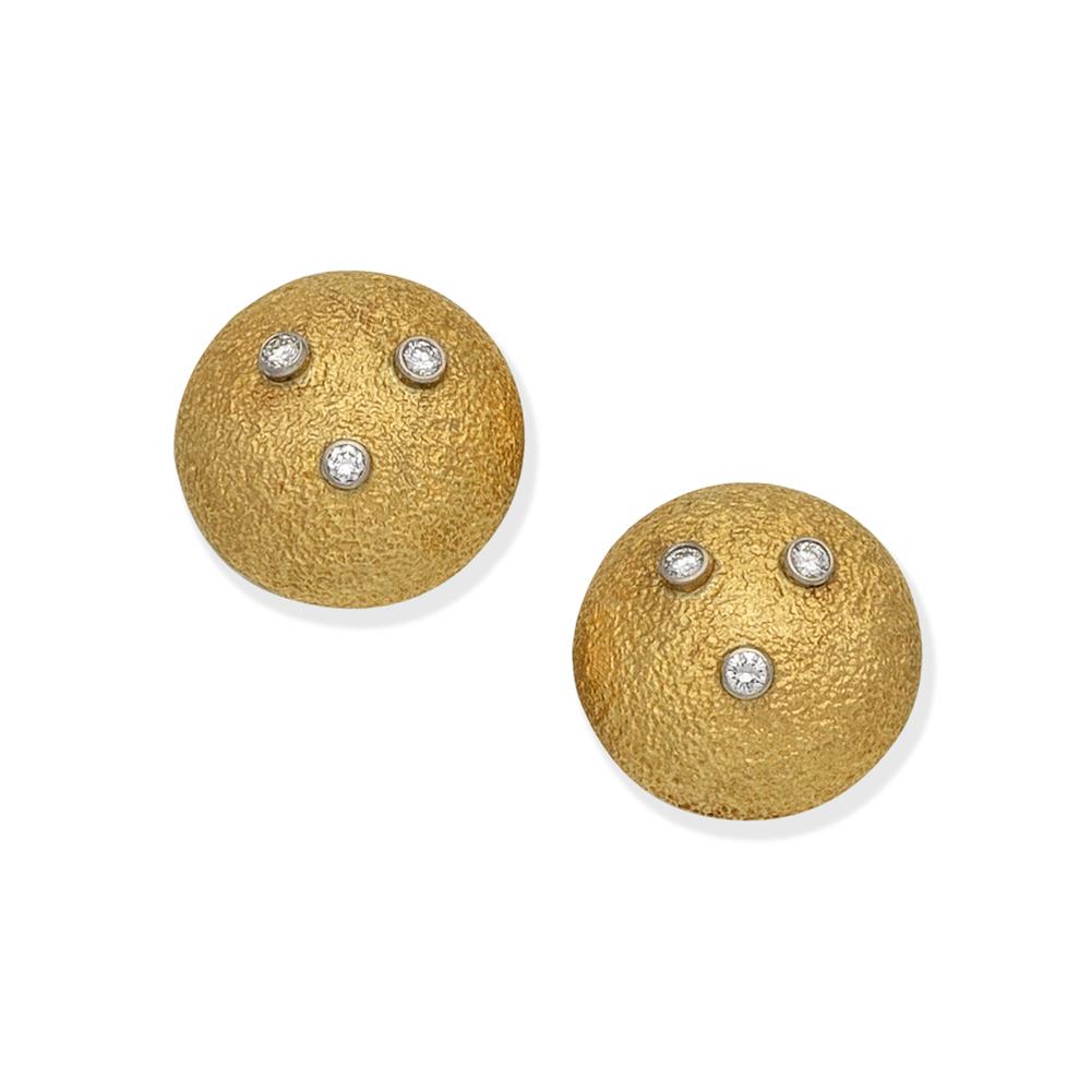 GRIMA: DIAMOND-SET EARCLIPS: GRIMA: DIAMOND-SET EARCLIPS Each of textured domed design, set with three brilliant-cut diamonds, diamonds approx. 0.60ct total, signed Grima, length 2.6cm Footnotes: This lot is part of a large priva