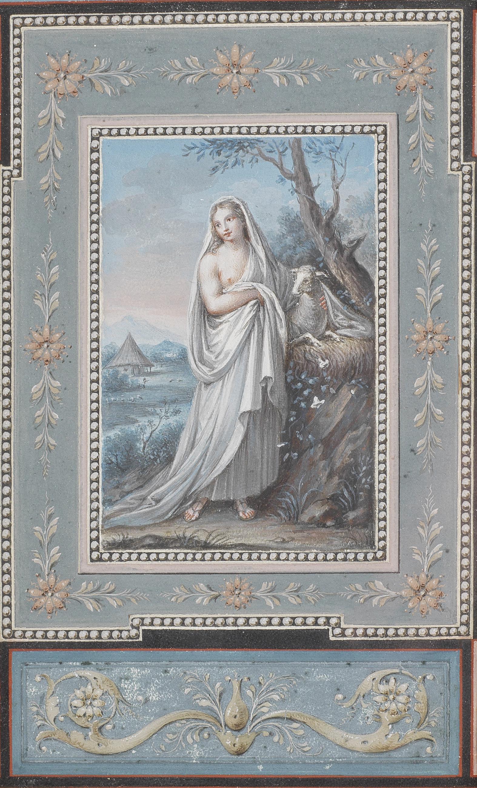 Circle of Gavin Hamilton (British, 1723-1798) A woman: Circle of Gavin Hamilton (British, 1723-1798) A woman with her pet sheep, within a decorative border; A woman before a spring, within a decorative border a pair, gouache on vellum 17.7 x 10.8cm (6 15/