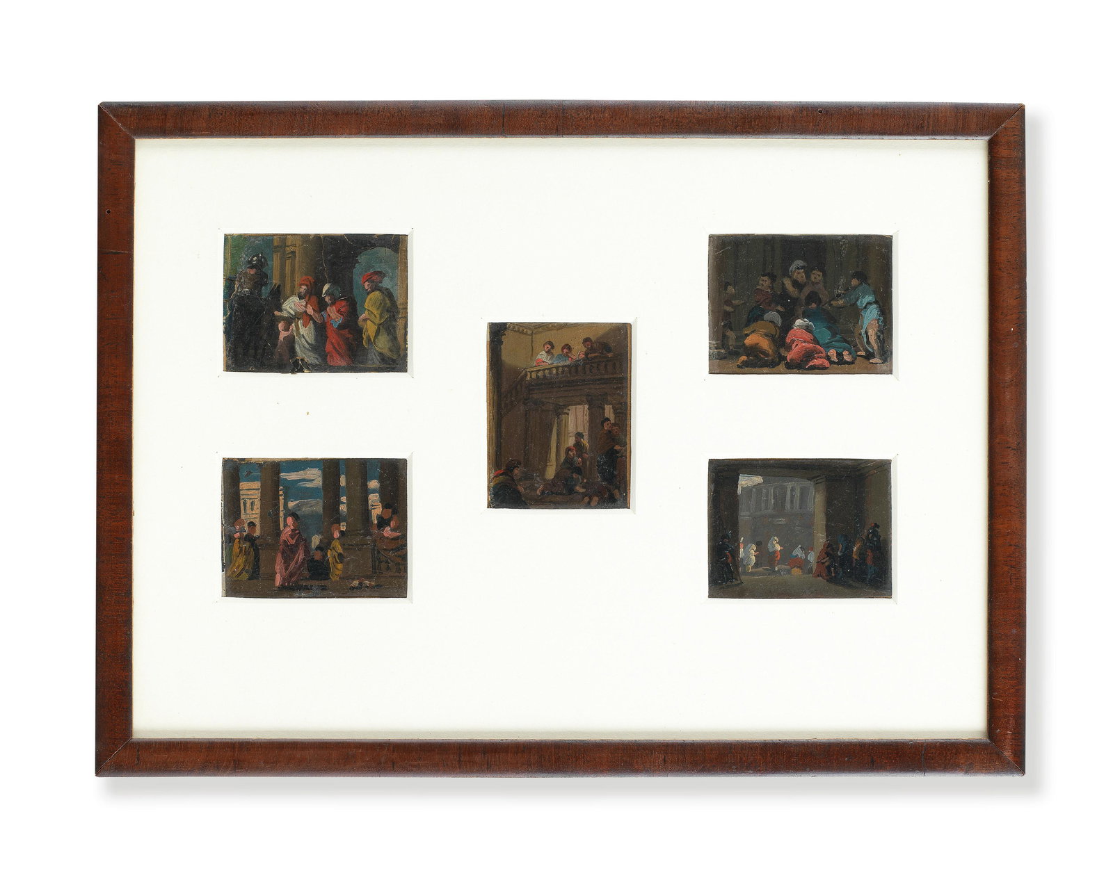Attributed to Benjamin West (American, 1738-1820) A: Attributed to Benjamin West (American, 1738-1820) A sketch of figures on a balcony oil on paper 6.2 x 4.8cm (2 7/16 x 1 7/8in). together with 4 other works by the same hand, framed as one (5) Footno